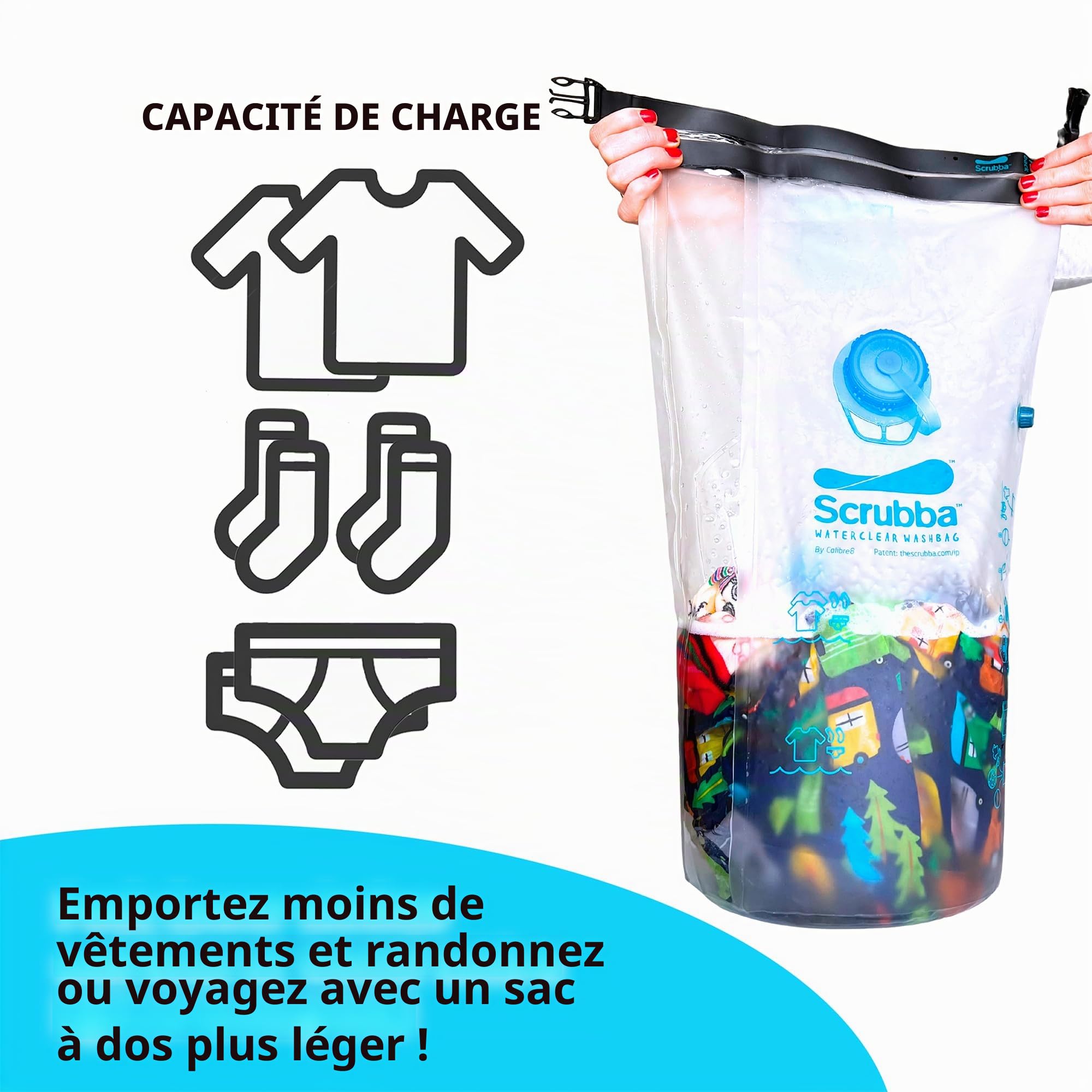 Scrubba WATERCLEAR Sac de Lavage Portable – Machine à laver manuelle légère avec grande ouverture pour rinçage facile – Idéal pour camping, hôtels, lessive & bébés – 195g