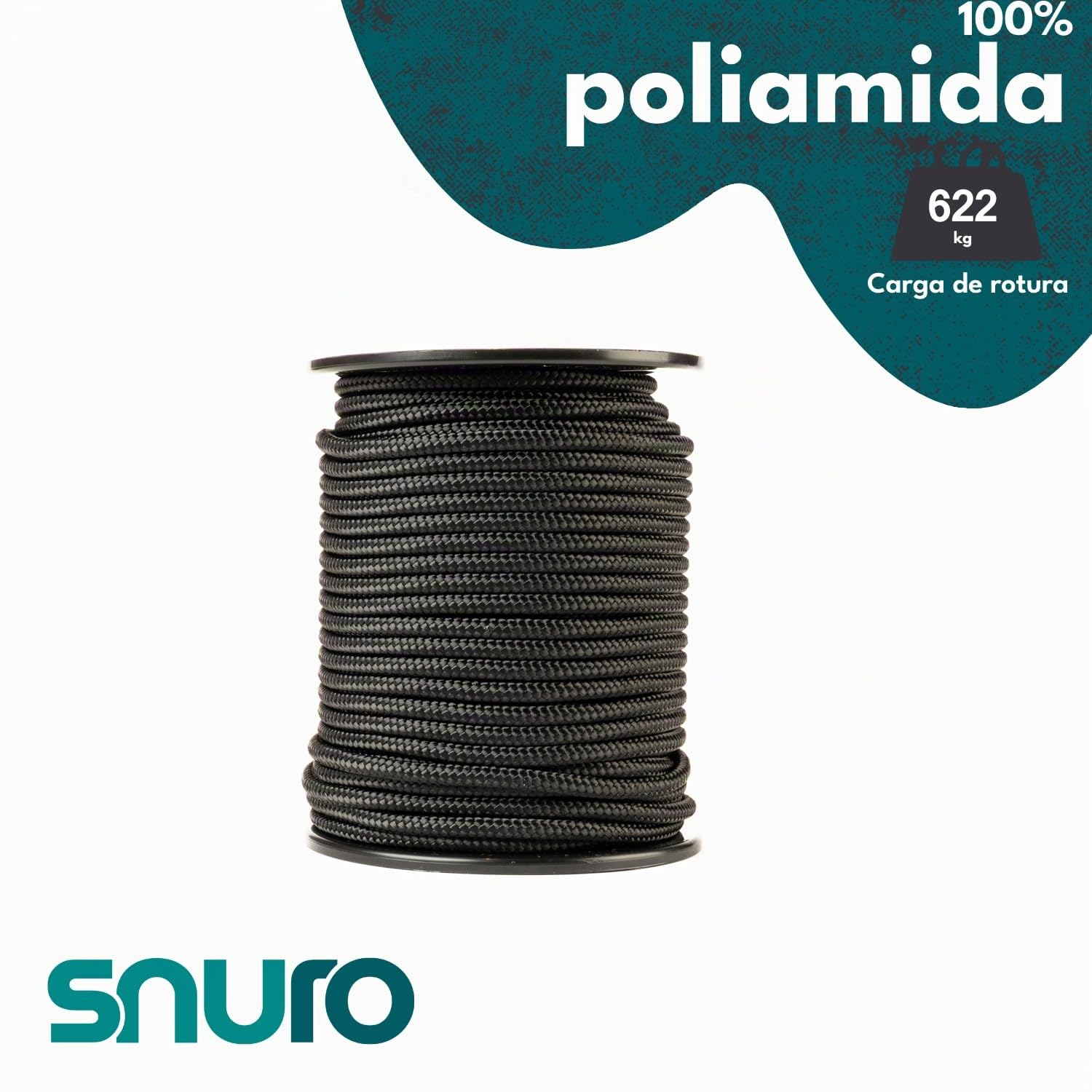 Cuerda de nailon (6 mm, 50 m, negro) – Paracord de poliamida trenzado resistente, resistente al desgaste y sólido, carga de rotura de 622 kg