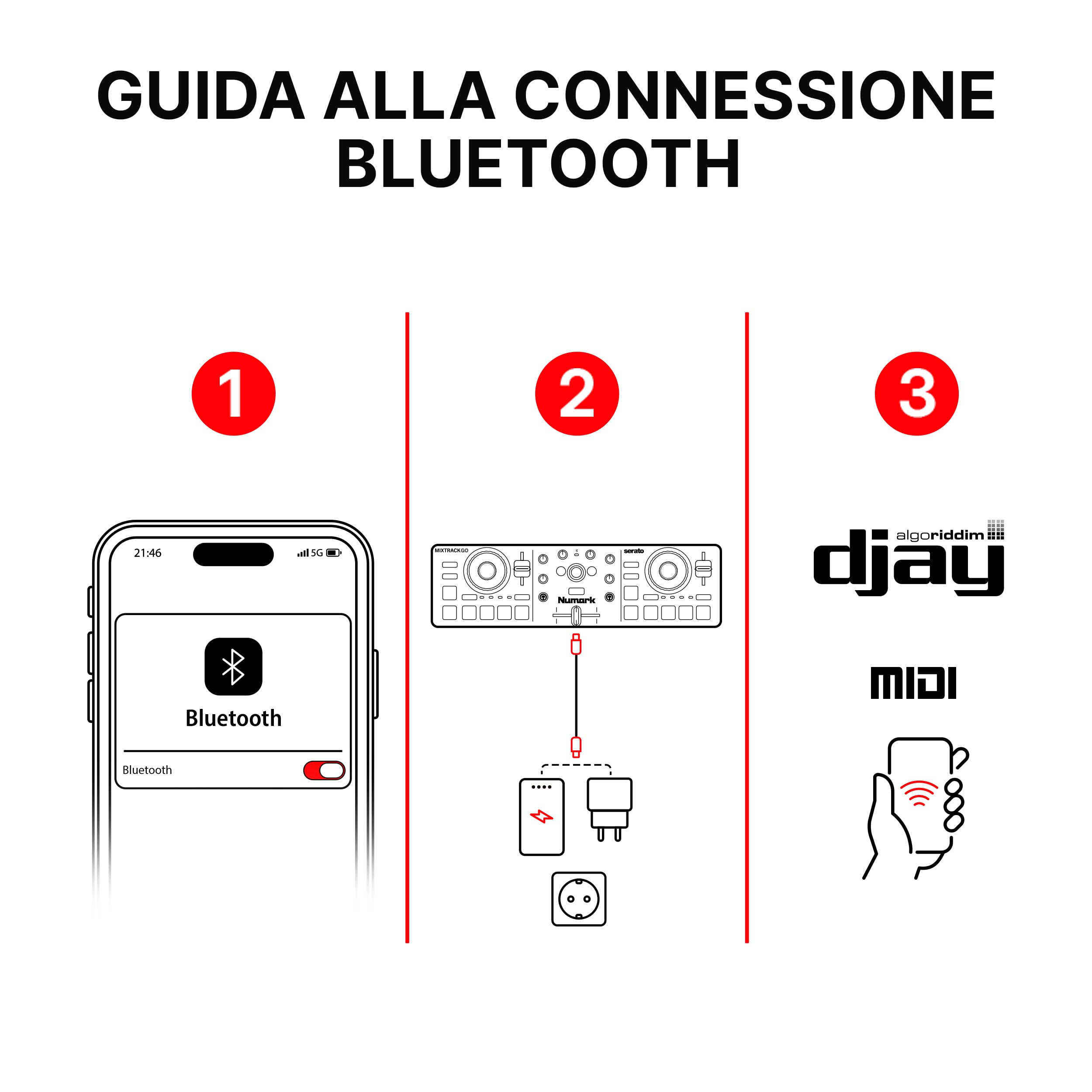 Numark Mixtrack Go Controller DJ Bluetooth Compatto con Stems Control | Mixer DJ 2 deck, principianti e DJ mobili, Smart Fader, USB-C, Serato DJ Lite e Algoriddim djay inclusi, Gen 4