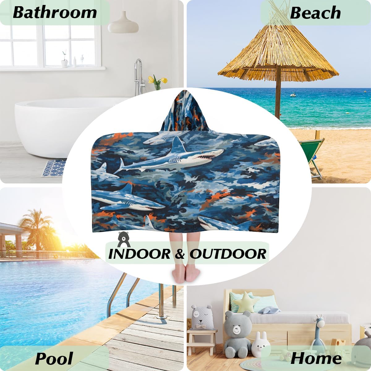 Pardick Kids Bath Towel Shark Camo Beach Towel with Hood Pool Cover Up for Girls Boys Soft Absorbent Hooded Bath Towel Toddler Towels for Beach, Pool
