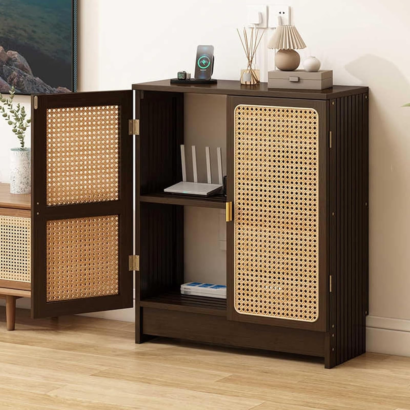 Pudełko do przechowywania routera domowego, router WiFi, półka do przechowywania multimediów, z listwą zasilającą i zarządzaniem kablami, ciemnobrązowa, 80 cm x 50 cm x 25 cm, idealna do domowego