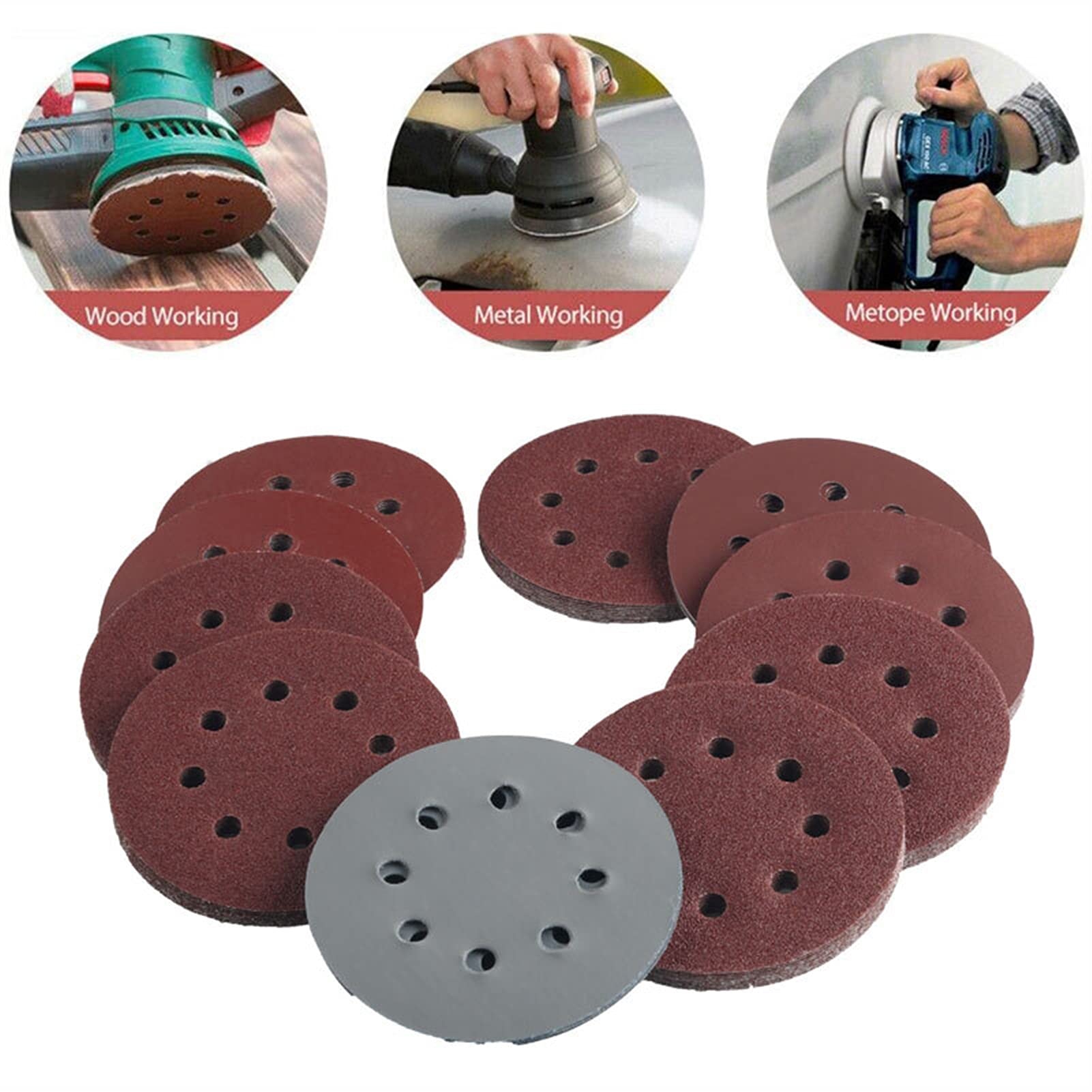 Disco de Lija 50 unids o 100 unids de 125 mm Discos de Lijado de Forma Redonda Papel de Lija Ocho Orificio Hojas de Arena Grit 80 a 3000 Hook and Loop Sanding Disc(100 PCS)