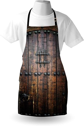 Miniatura 3 de Lunarable Delantal rústico, puerta de madera, impresión histórica vintage exterior de estructura medieval, babero de cocina unisex con cuello