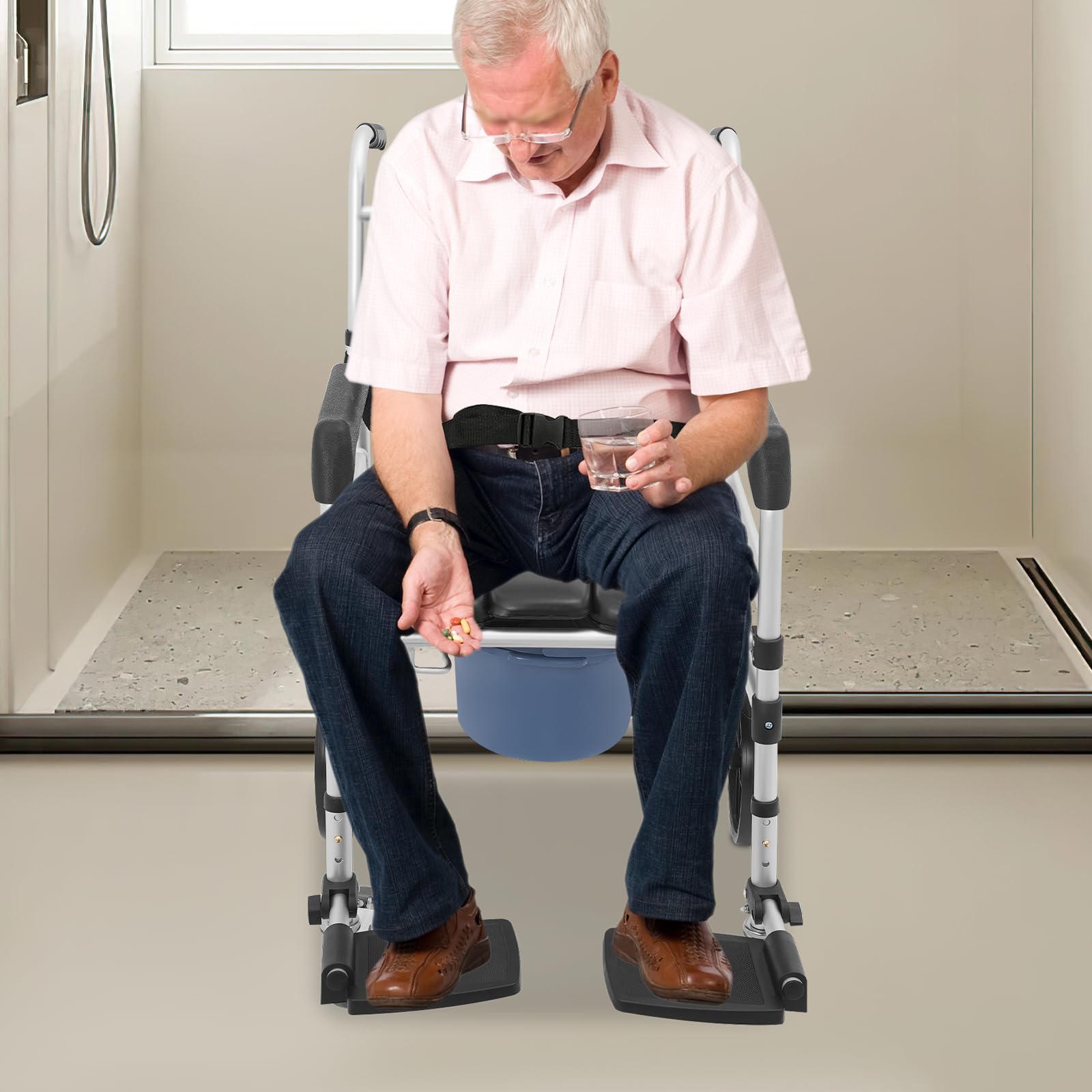 Faltbar Toilettenstuhl aus Aluminium mit Rollen,bis 150 kg belastbar,46-51cm Höhenverstellbar Badezimmerrollstühle,Duschrollstuhl für Senioren und Mobilitätseingeschränkte (U-förmige Platte)