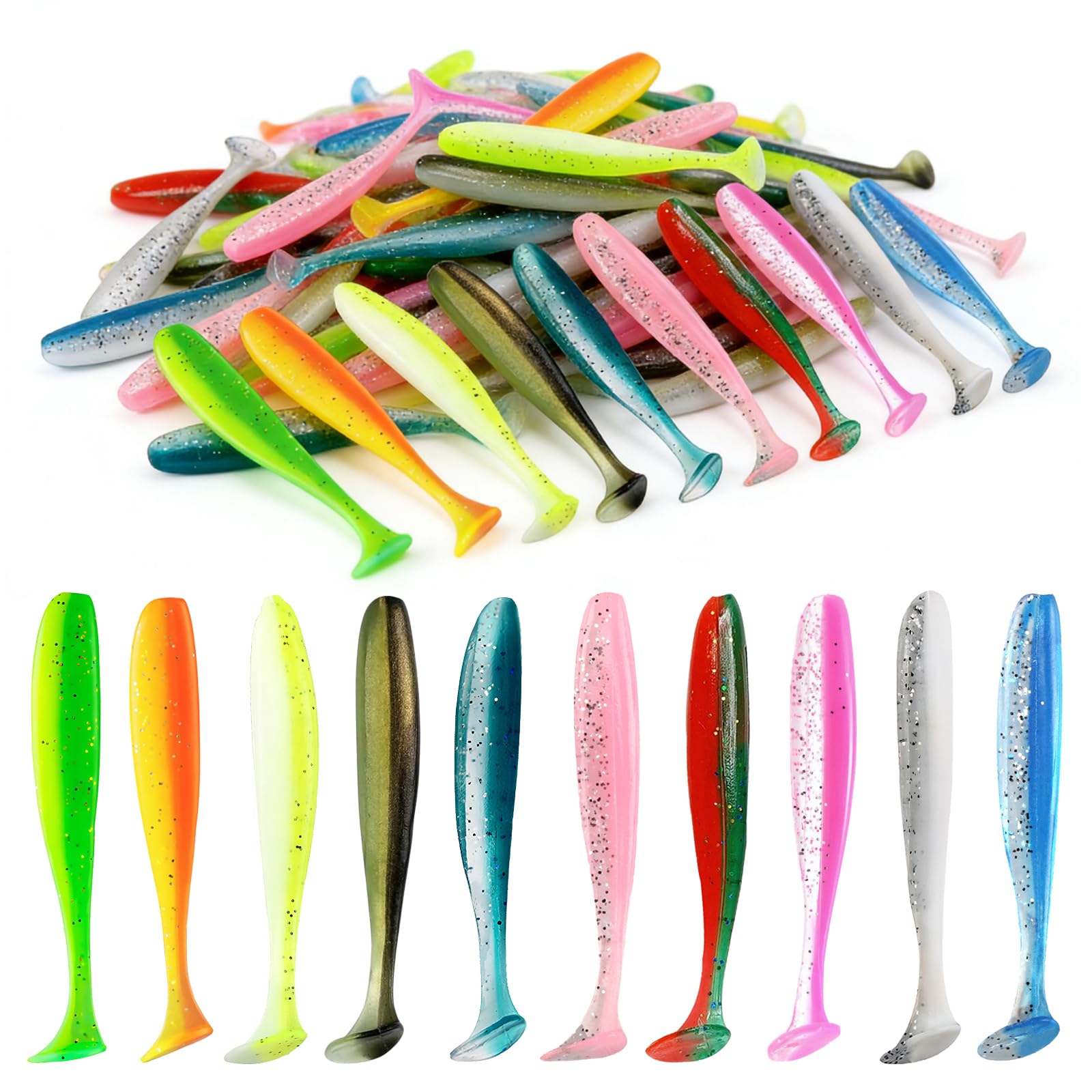 Set di 100 esche da pesca in gomma, 7 cm, set di 10 colori per pesce persico e luccioperca