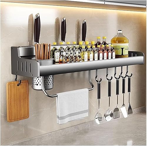 Estante de especias montado en la pared con instalación sin perforación, organizador de estante de cocina con ganchos móviles, soporte para