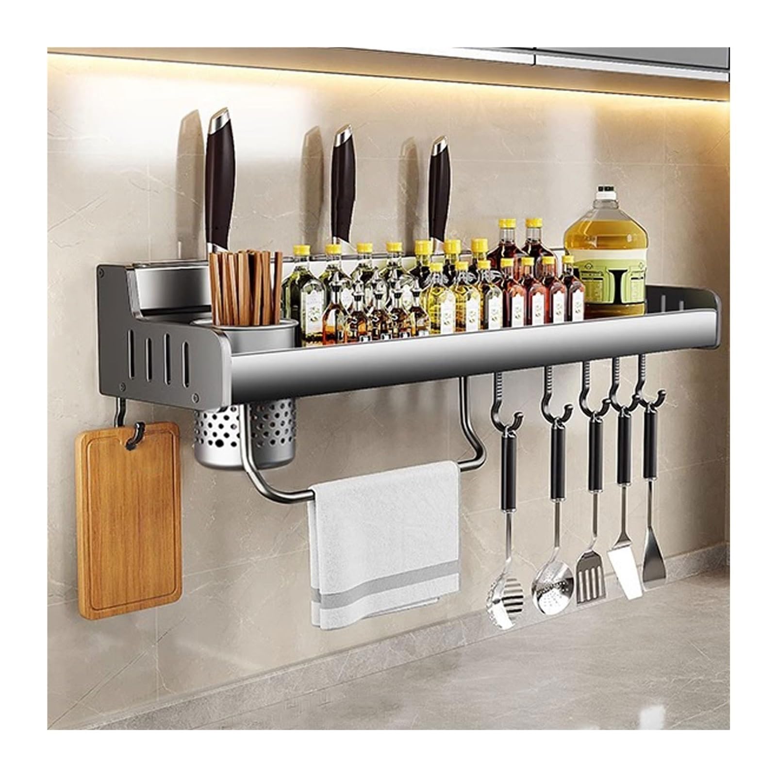 GLJTUO Wall-Mounted Spice Rack, No Drill, Adjustable Hooks, Kitchen Utensil Holder & Knife Storage for an nized Cooking Space - Perfect for Home Chefs! (60cm),60cm-1 cup-10 hooks