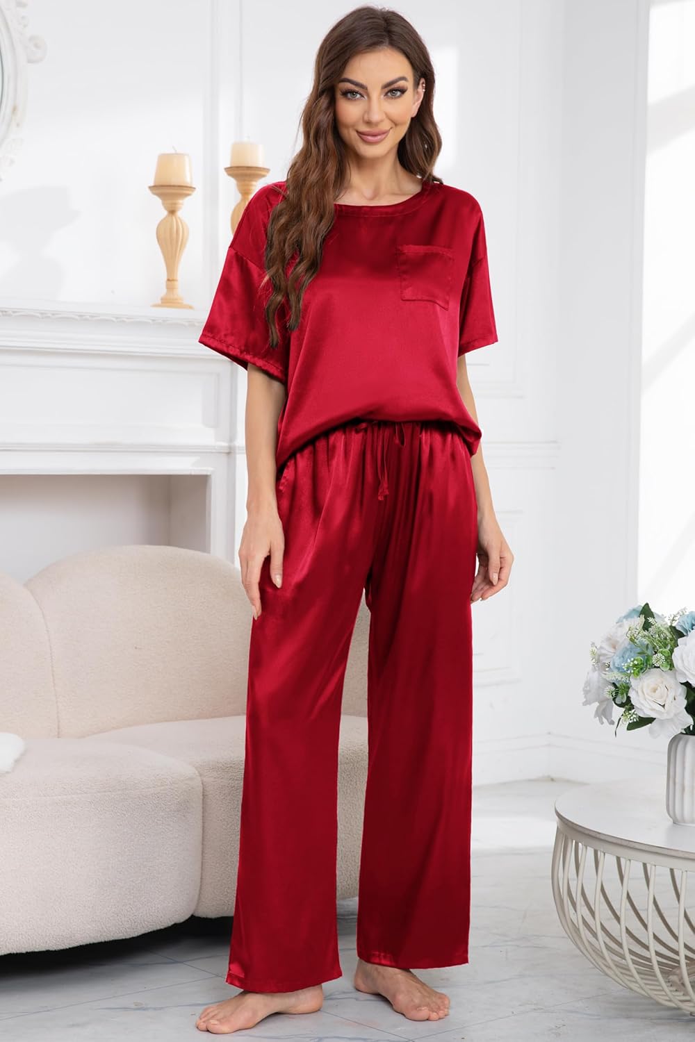 Nanxson Womens Satin Pajama Nightwear 2 Piece Loungewear with Pockets Soft Sleepwear Silky Short Sleeve Shirt with Long Pant - Image 7