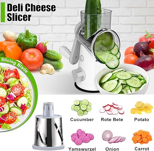 Miniatura 5 de Rallador rotativo de queso con mango, triturador de queso vegetal, 3 cuchillas interchan y potente base de succión, para cocina, queso, patata,