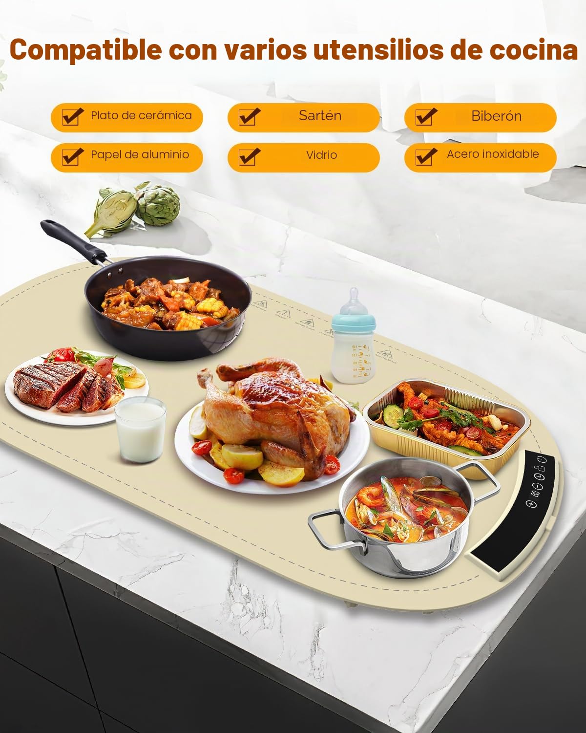 MQFORU Bandeja Calefactora Comida (60x40cm), Placa Calentadora Silicona Portátil Plegable con 7 Ajustes de Temperatura, Temporizador de 4 Horas y Bloqueo de Seguridad, Función de Bloqueo para Niños