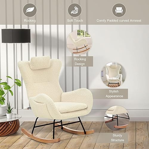 Miniatura 4 de Mecedora para habitación del bebé, sillas de lectura tapizadas de peluche para interiores con respaldo alto, silla de enfermería acolchada con
