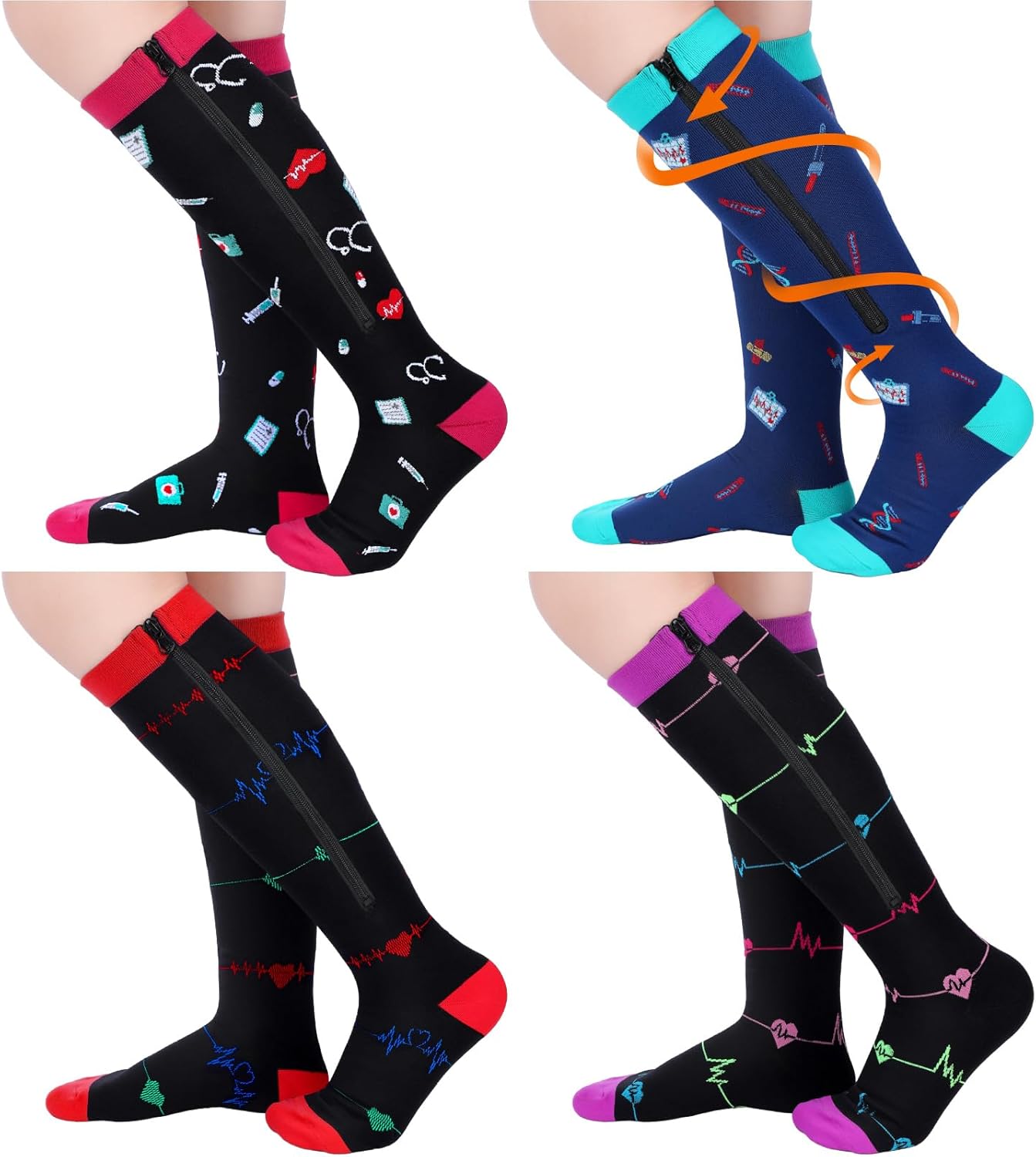 Toulite 4 Pairs Nurse Zipper Compression Socks 2030 mmHg Closed Toe Zipper