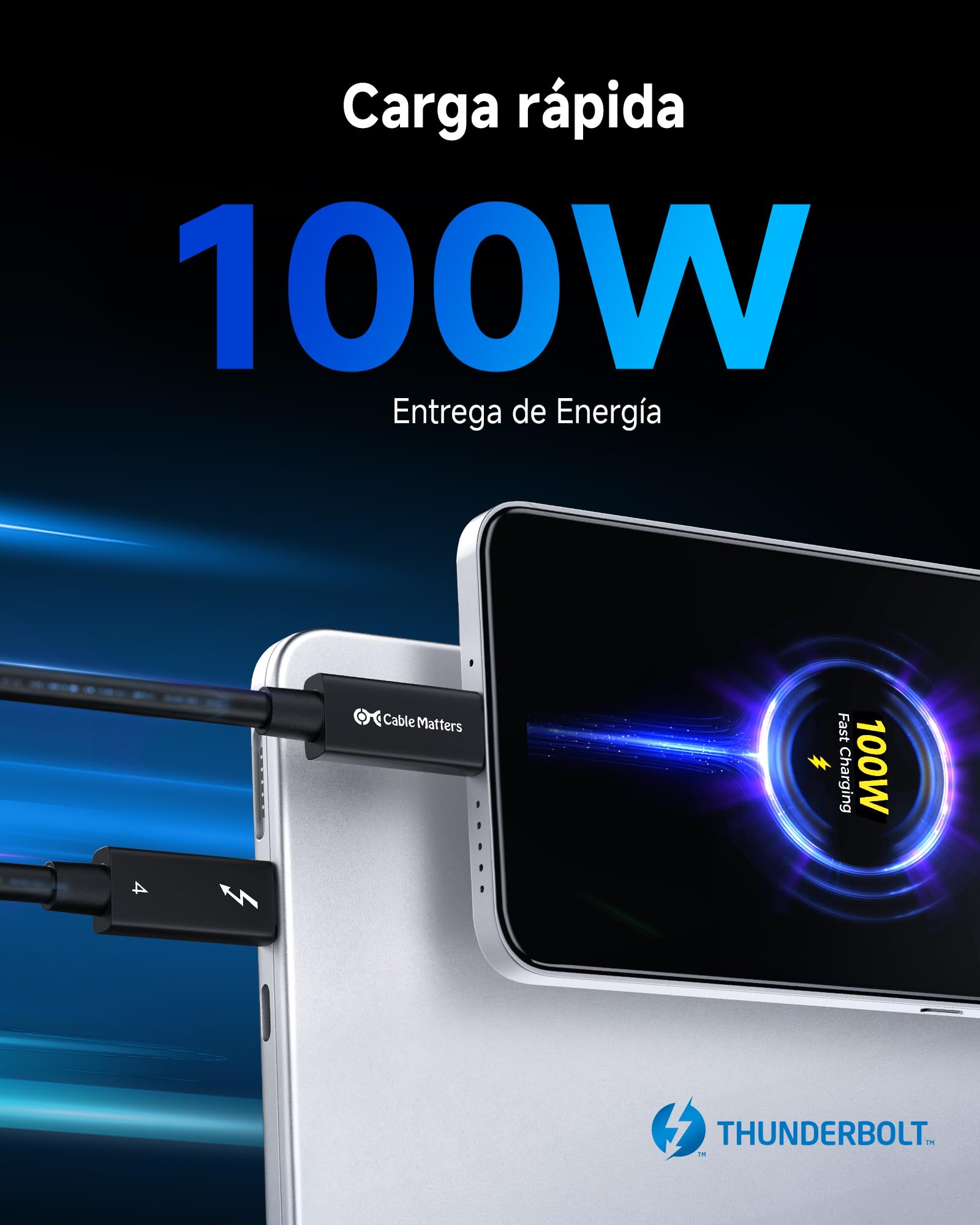 Cable Matters [Intel certificado] 2 m Cable Thunderbolt 4 USB-C activo 40 Gbps con carga de 100 W y vídeo 8K - Universalmente compatible con USB-C, USB4 y Thunderbolt 3