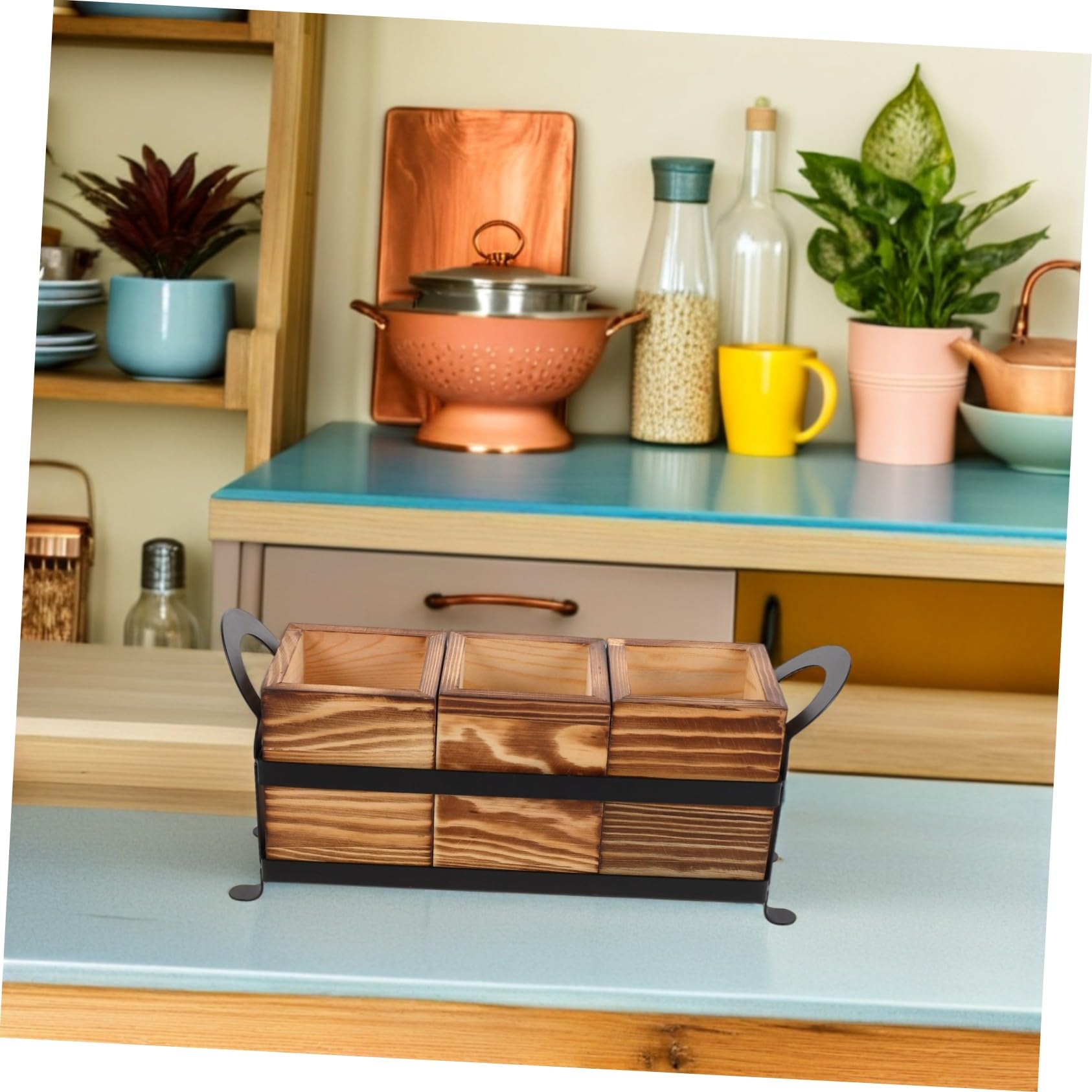 Alipis Porte-ustensiles Bois Massif avec Compartiments Organisateur de Couverts et Pinceaux de Maquillage pour Comptoir de Cuisine Support Rustique pour Cuillères Fourchettes et