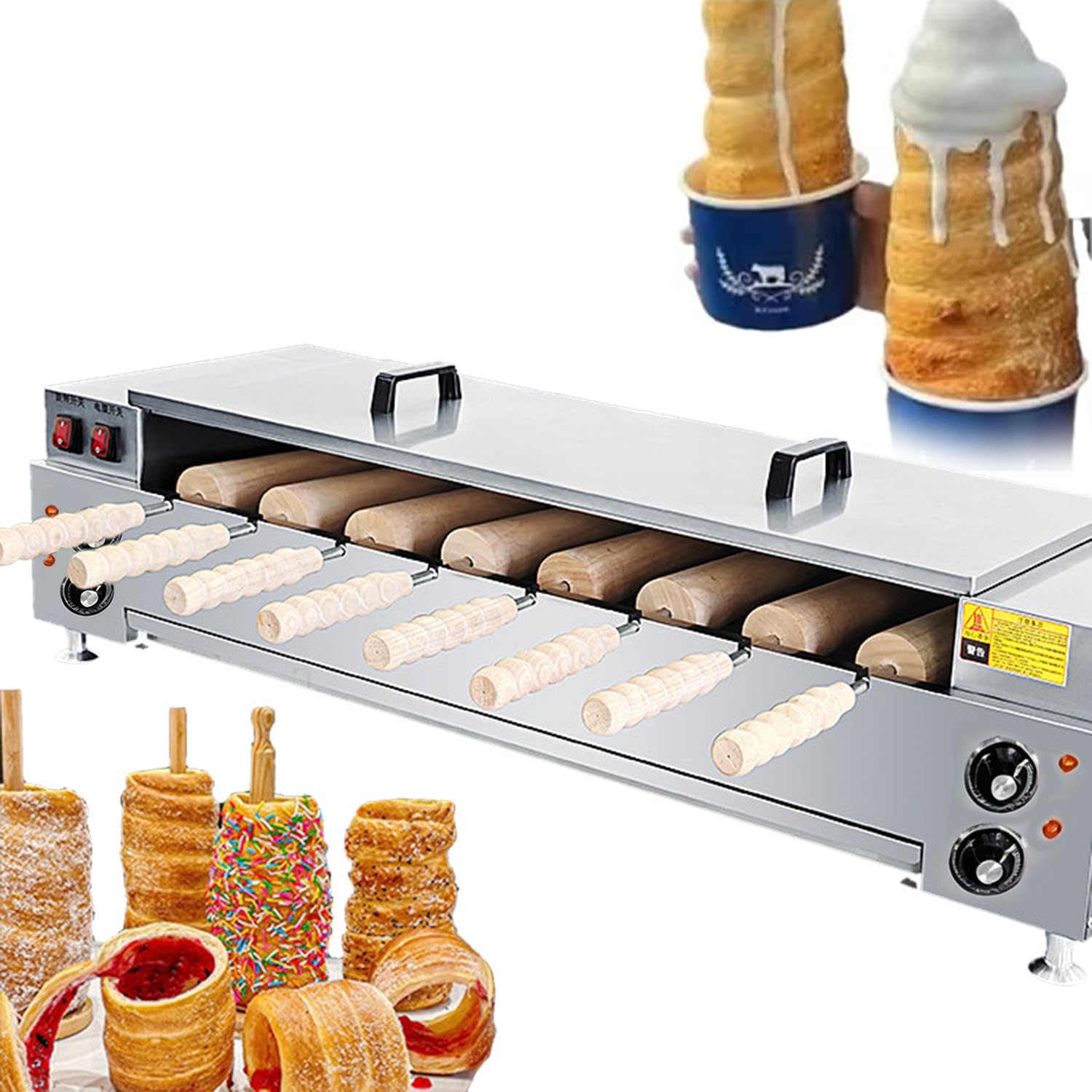 Qiang Commercial Chimney Toaster Machine, Chimney Bread Cake Oven, 4/8 Conical Rollers with Wooden Handles, Multifunctional Toast Waffle, for Bakery 8pcs