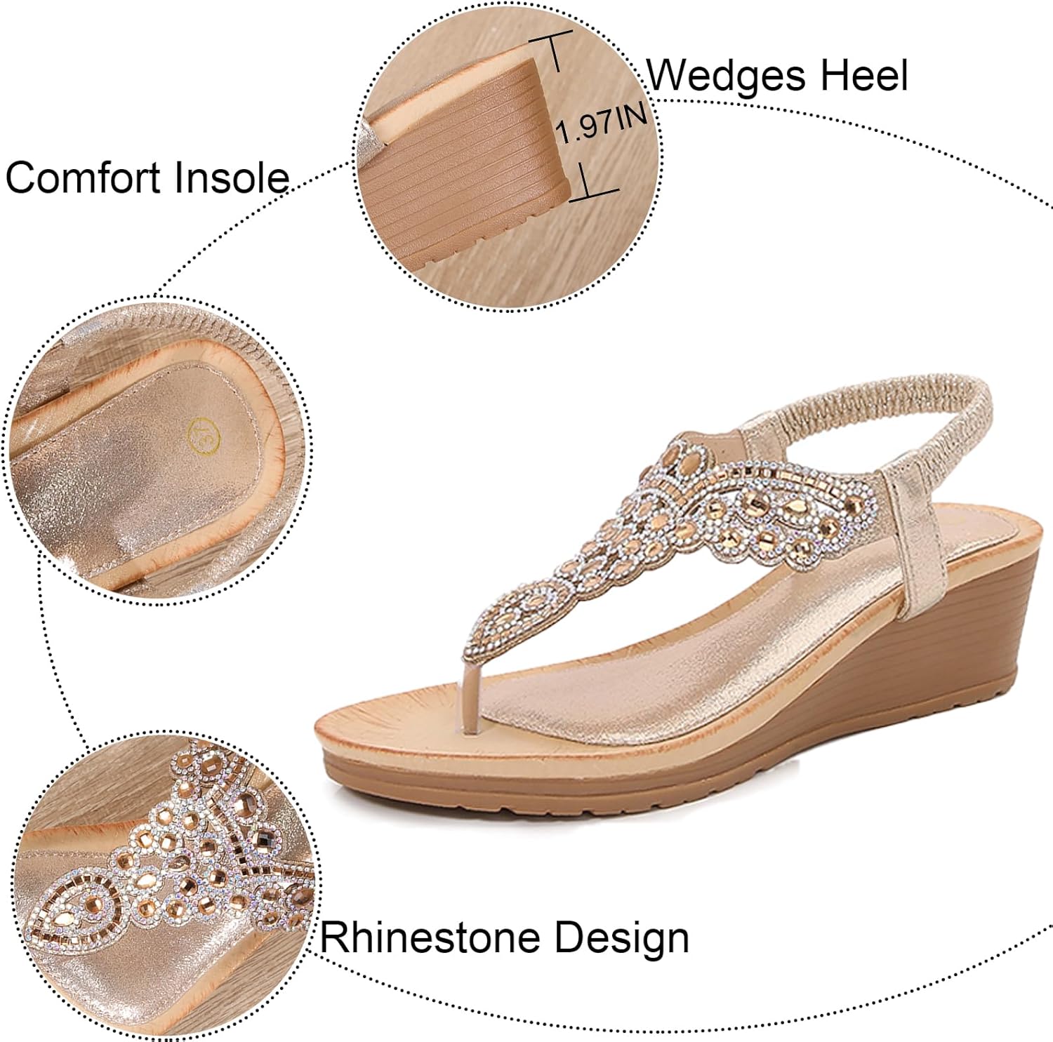 Women's T-Strappy Rhinestone Wedge Flip flop Sandals Fashion Round Open Toe Platform Arch Support Clip Toe Boho Beach Sandal with Elastic ankle strap for Outdoor Dress Walking - Image 5