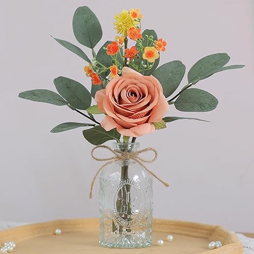 YXZZWL Flores sintéticas con florero, mini rosas artificiales de seda y eucalipto falso en jarrón de vidrio para bodas, fiestas, comedor, centros de