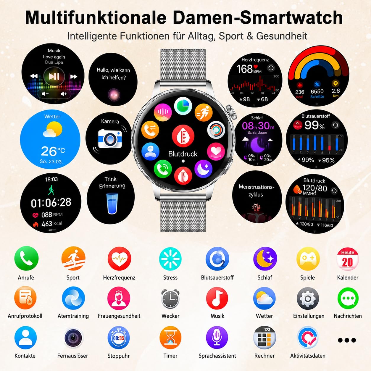 Smartwatch Donna Chiamate BLE5.3, 1,27'' HD Schermo Orologio Smartwatch Rotondo con Notifiche Messaggi/120+ Sportive/Cardiofrequenzimetro/SpO2/Sonno, Smart Watch Donna IP68 per Android iOS, Argento