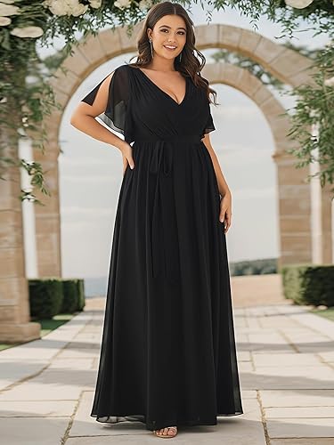 Miniatura 2 de Ever-Pretty Plus Vestido de dama de honor de gasa para mujer, acampanado, cintura imperio, longitud al suelo, talla grande, vestidos formales para