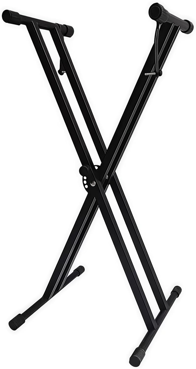 Quick Release Keyboard Stand with Locking Security Straps - Heavy Duty Adjustable X-Type Folding Piano Stand for Home, Studio & Stage Use