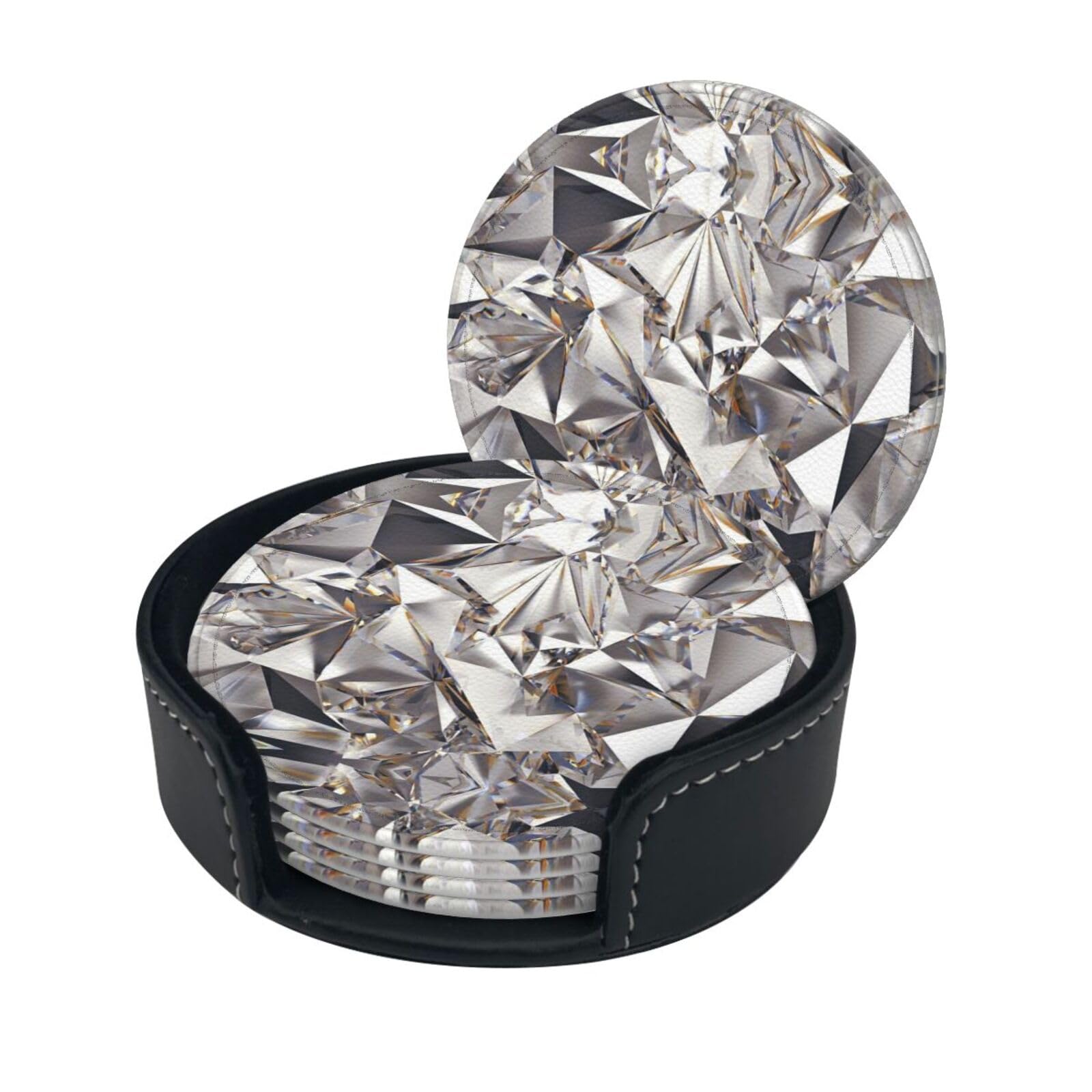 Glitter Abstract Diamond Crystal Pattern Print Round Leather Coasters - Set Of 6, Ultra-Fiber Pu Leather