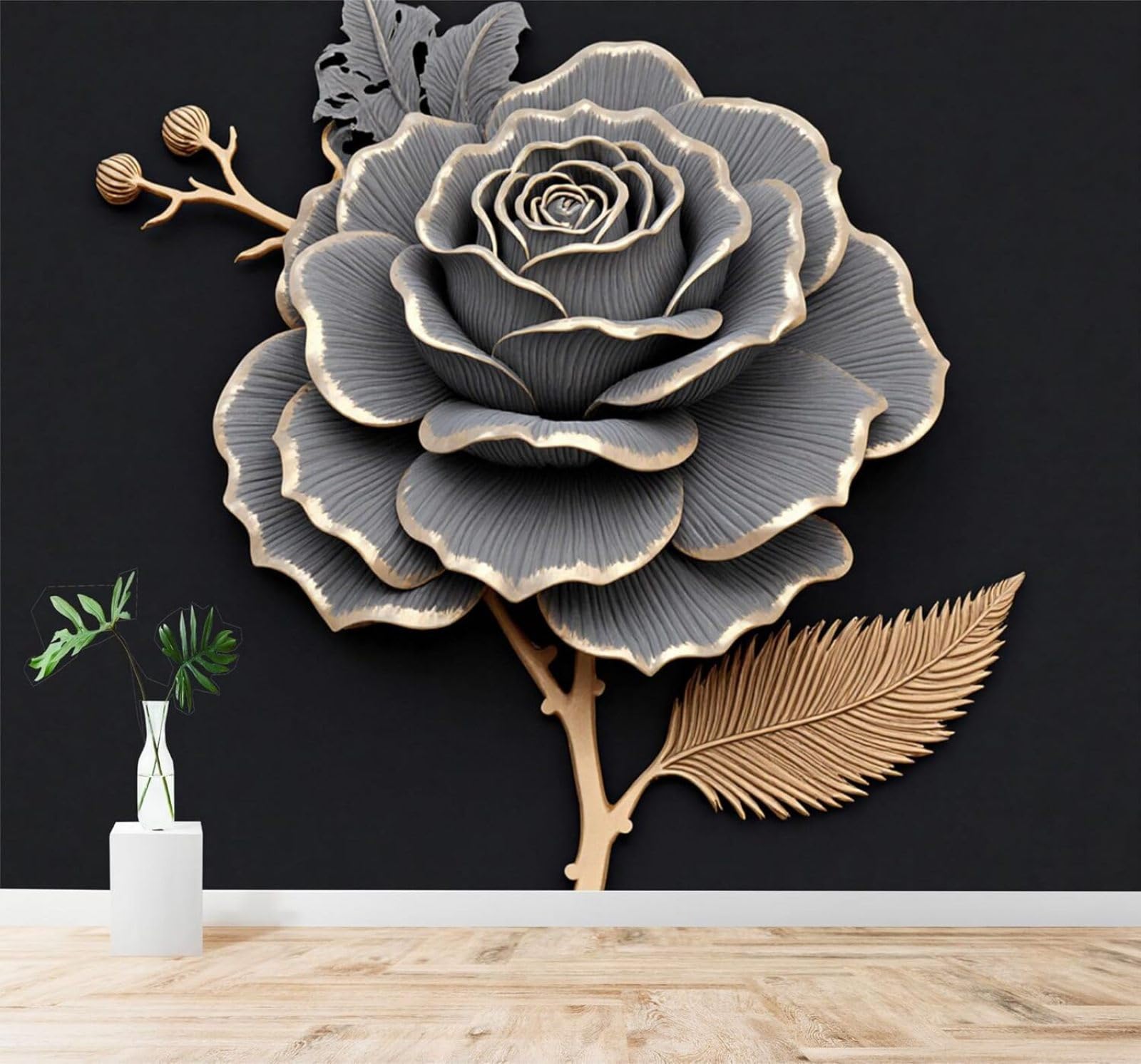 Xlming 400Cm×280Cm(B×H) Metal Roses Golden Outlines Elegant Flowers Art 3D Wallpaper Silky Texture Home Study Office Grey Dining Room Sofa Bedroom Living Room Tv Backdrop-400Cm×280Cm