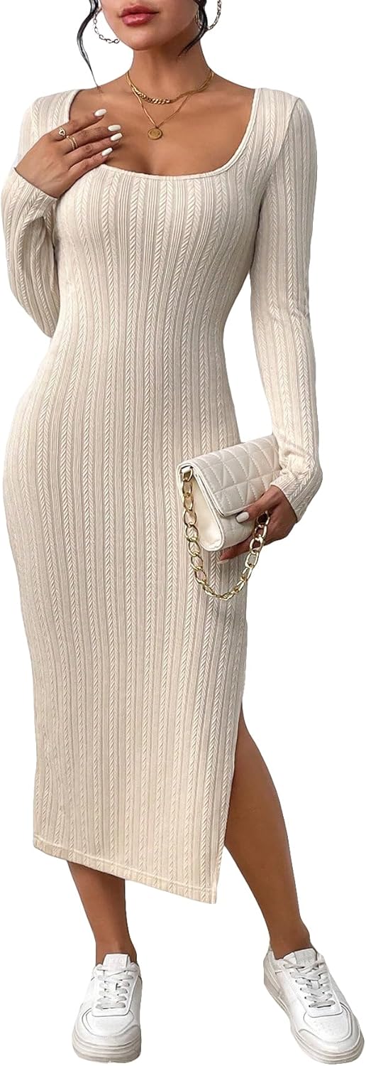 Verdusa Women’s High Split Long Sleeve Square Neck Pencil Bodycon Midi Dress Verdusa Women’s High Split Long Sleeve Square Neck Pencil Bodycon Midi Dress