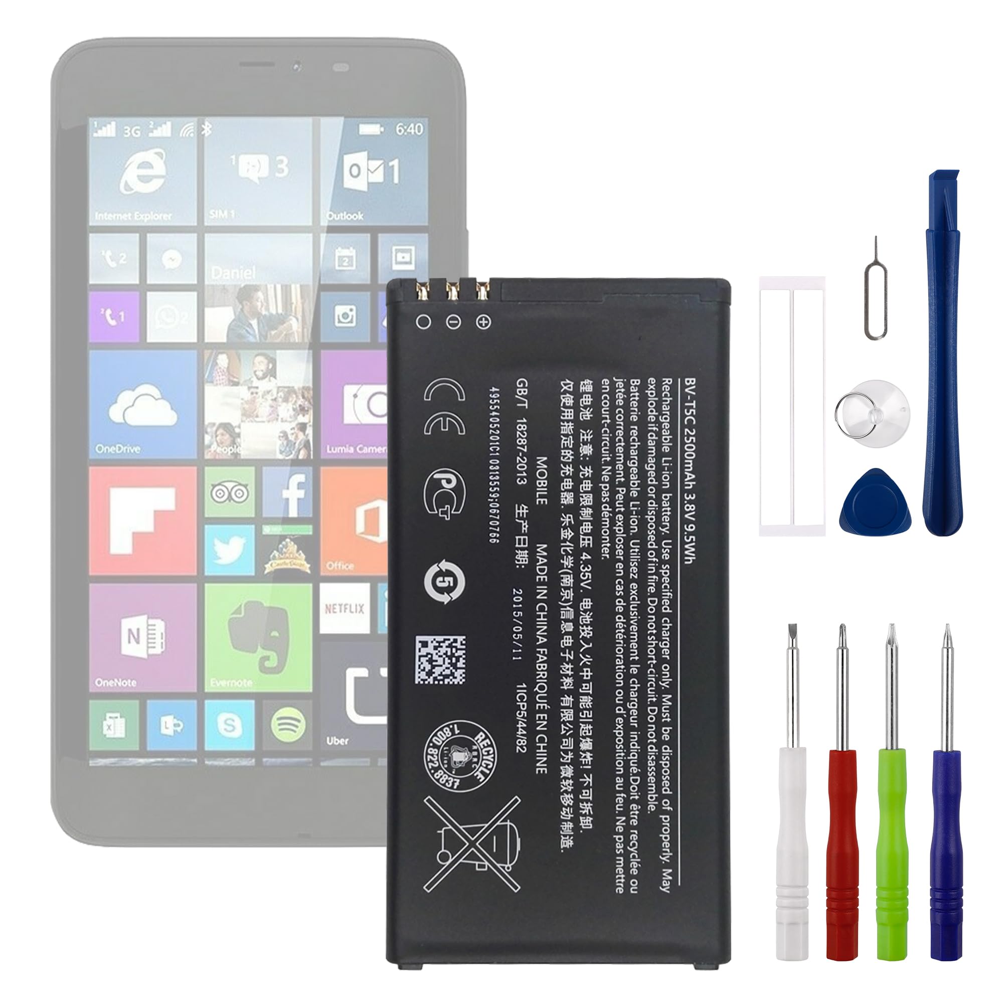 BV-T5C 3.8V 2500mAh Battery, Compatible with Lumia 640, Nokia RM-1073,Comes with a Battery Installation Tool