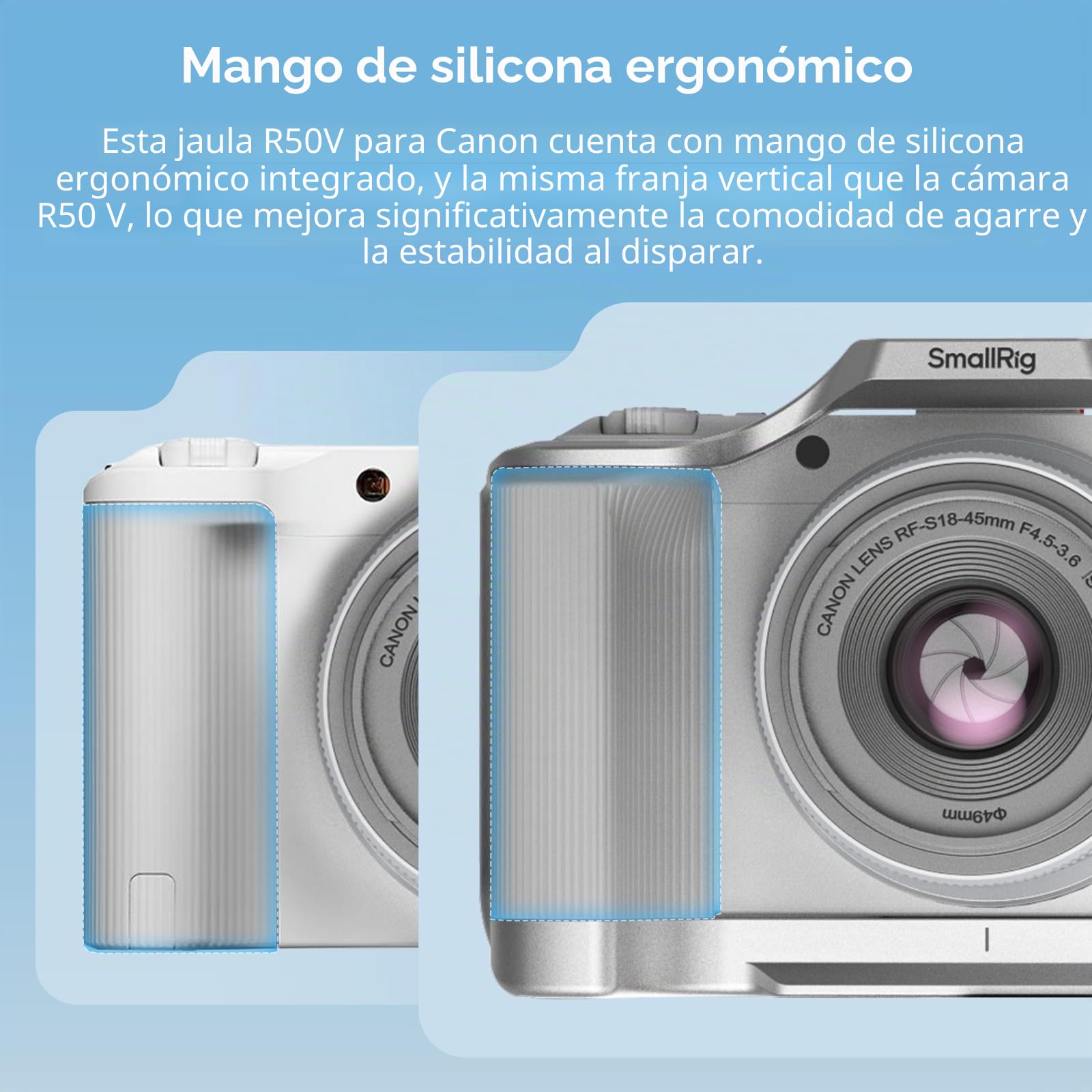SMALLRIG Jaula para Cámara Canon R50V - Empuñadura Ergonómica de Silicona, Placa QR Arca, Roscas 1/4"-20 y 3/8"-16 (ARRI), Zapata Fría, QD y Disparo Vertical (Plateado) - 5428