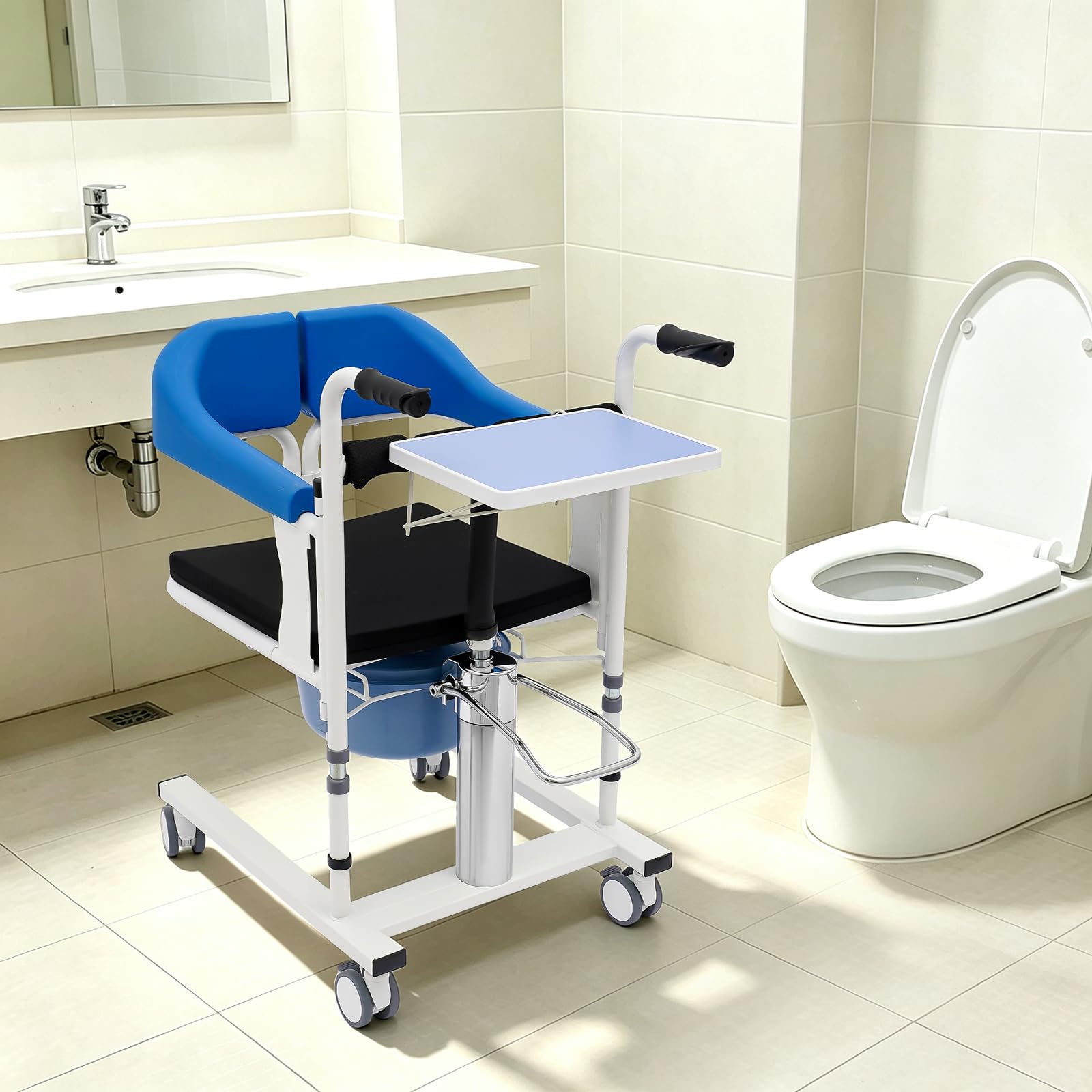 Sollevatore idraulico per pazienti, fino a 100 kg, altezza regolabile da 42 a 60 cm | Quattro ruote in TPE con freni e secchio rimovibile, schienale pieghevole a 180°, per anziani disabili (blu)