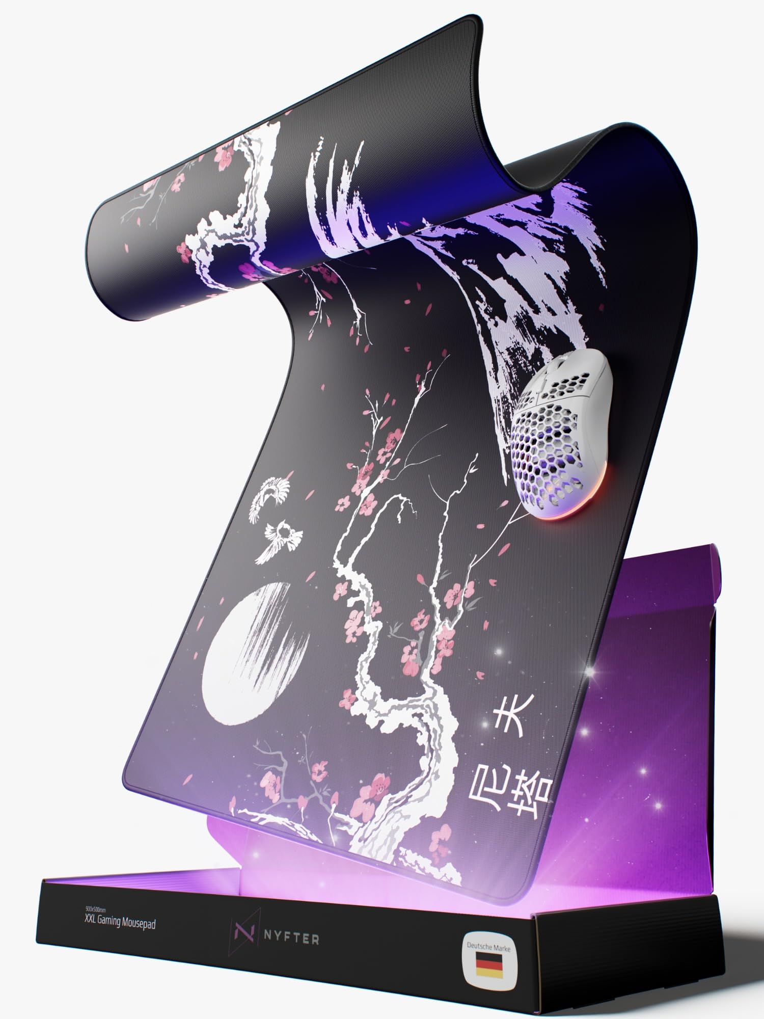 Nyfter Tappetino per mouse da gioco XXL, Sakura, nero, 900 x 500 mm, di alta qualità, con bordi cuciti grandi, durevole, con scorrevolezza di alta qualità e antiscivolo