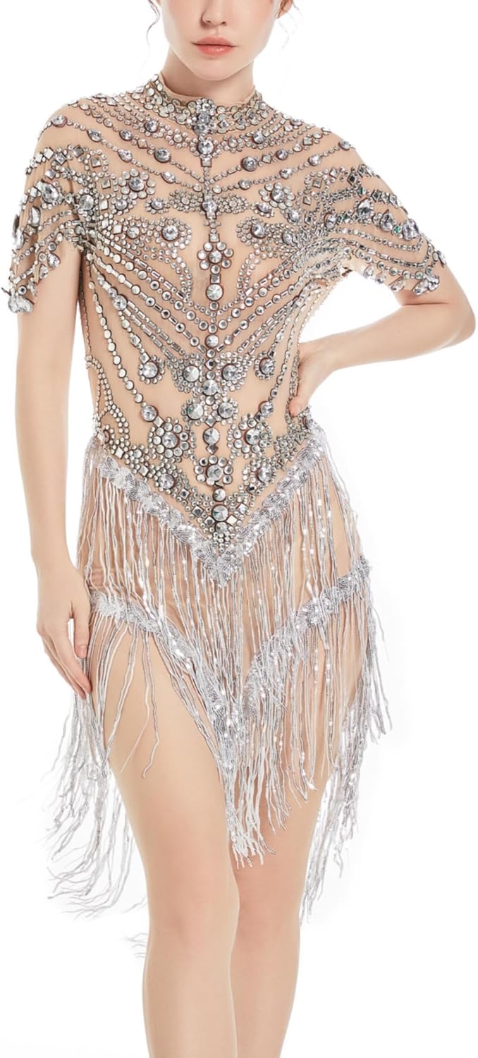 Latin Jazz Fringe Crystals Dress for Women Sparkly Short Sleeve Mesh See Through Singer Dancer Birthday Party Drag Queen Costume