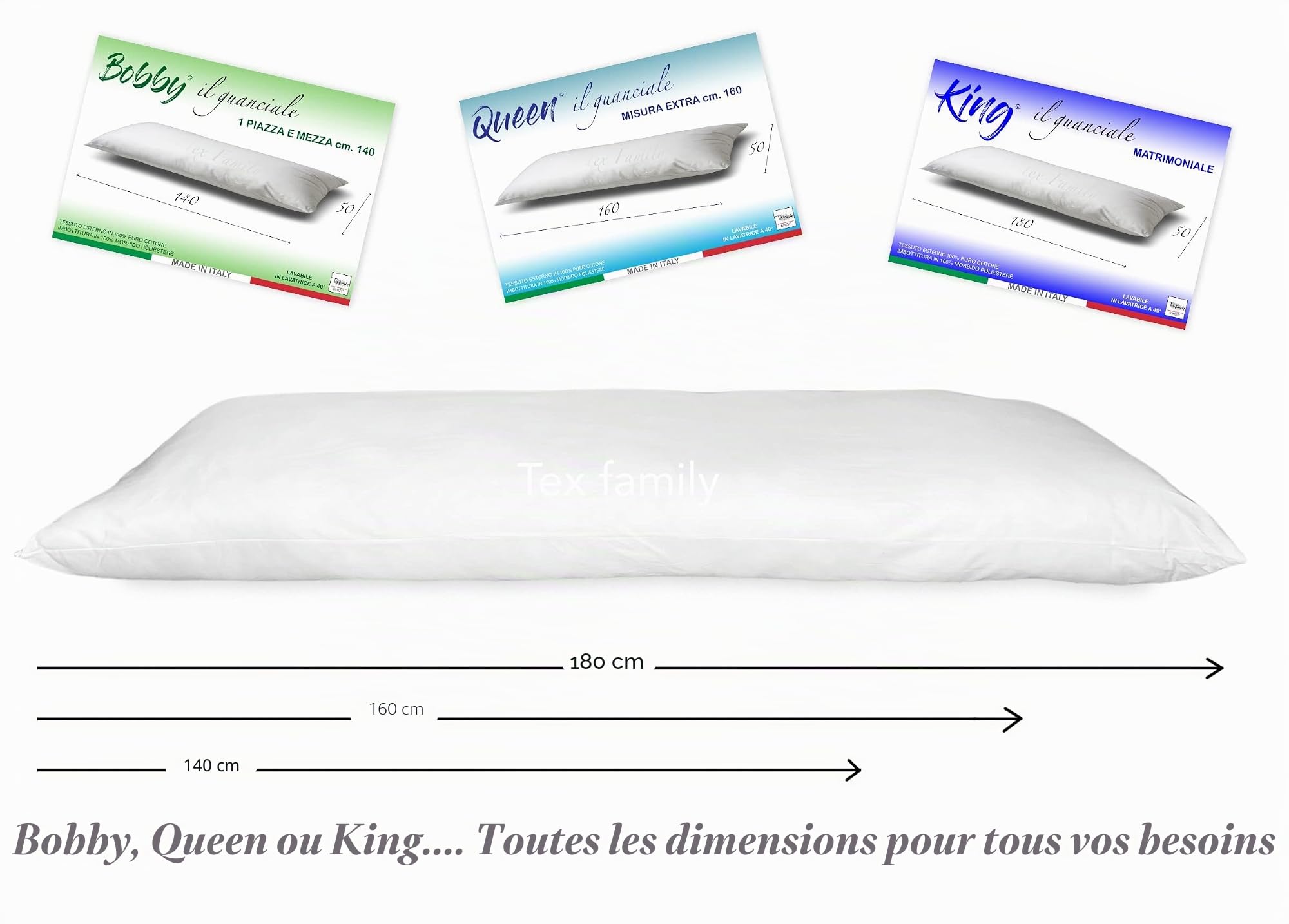 Tex family Oreiller QUEEN coussin lit maxi long 160 cm Dimensions Blanc 50 x 160 cm