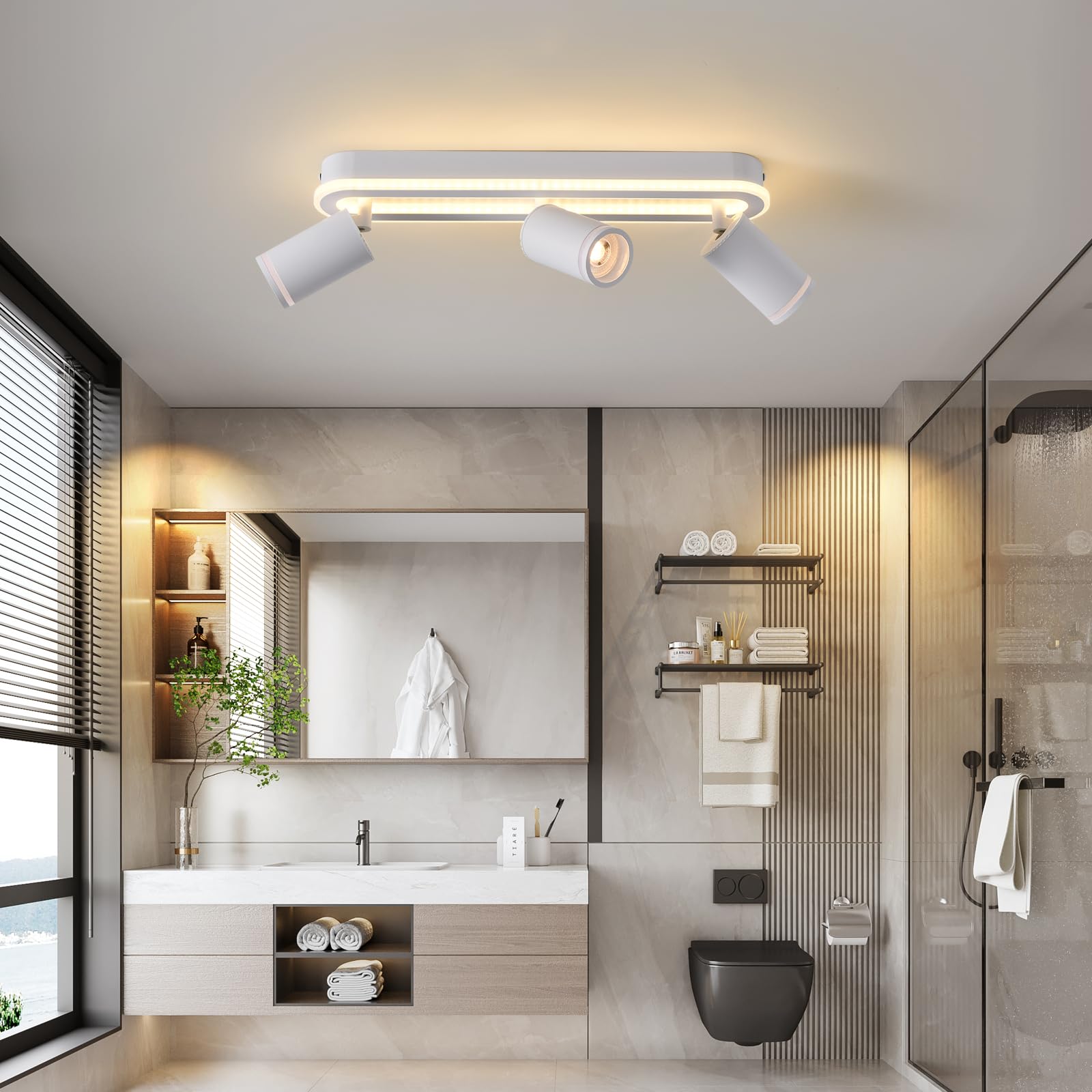 MYCUL LED Deckenstrahler 3 Flammig Schwenkbar 350°, Deckenleuchte mit unteres Glühen 27W+3x5W GU10 Spots,3000K Warmweiß Deckenspot strahler,Modern Deckenlampe Lampe,Spotleuchte für Küche,Flur-Weiß