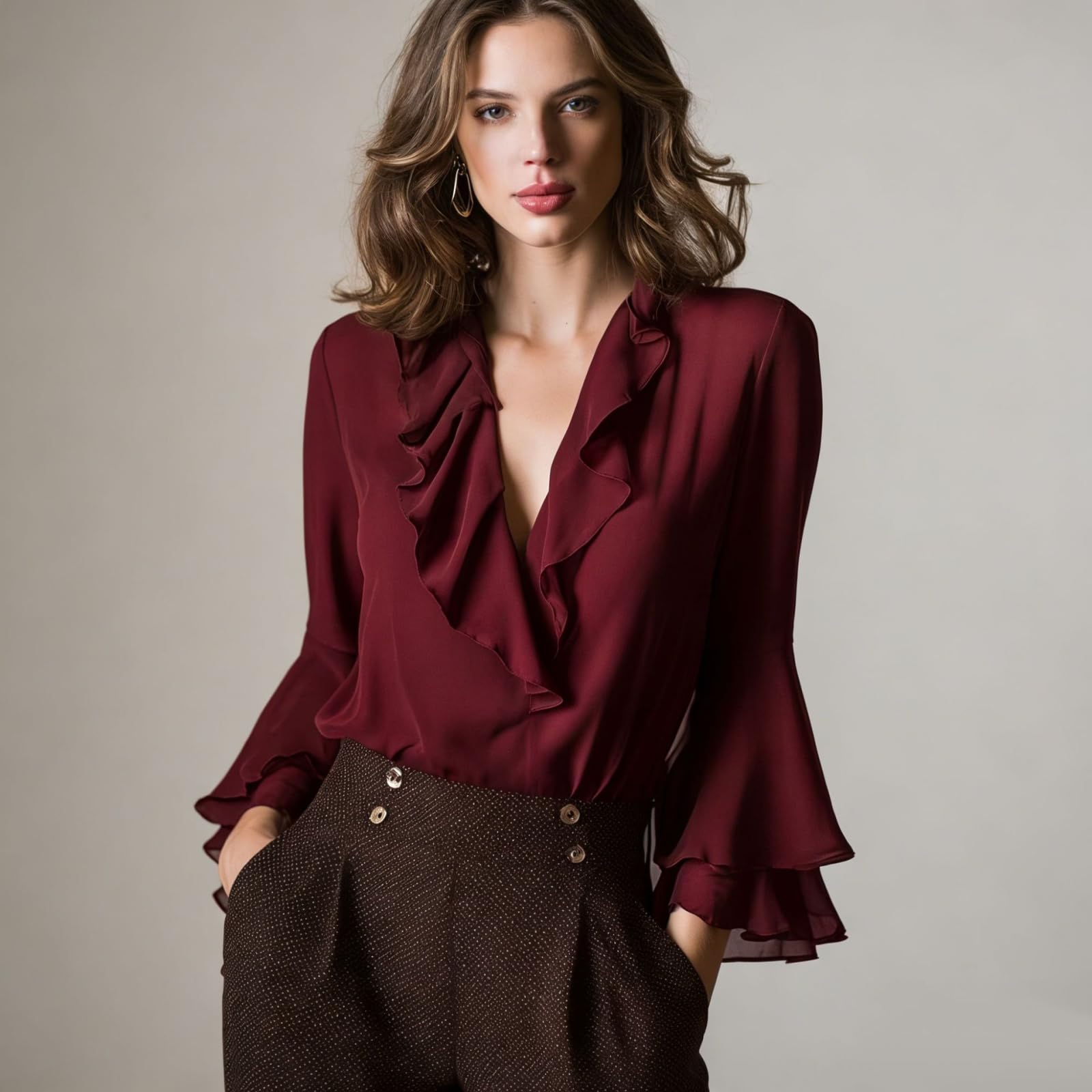 LKSCY - Camicetta da donna con scollo a V, in chiffon, con maniche a balze, vestibilità ampia, per lavoro, ufficio, tunica elegante