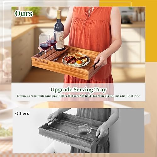 Miniatura 6 de Bandeja de madera para servir con asas, rectangular de 17 x 12 pulgadas, bandejas de madera rústica con soporte extraíble para copas de vino,