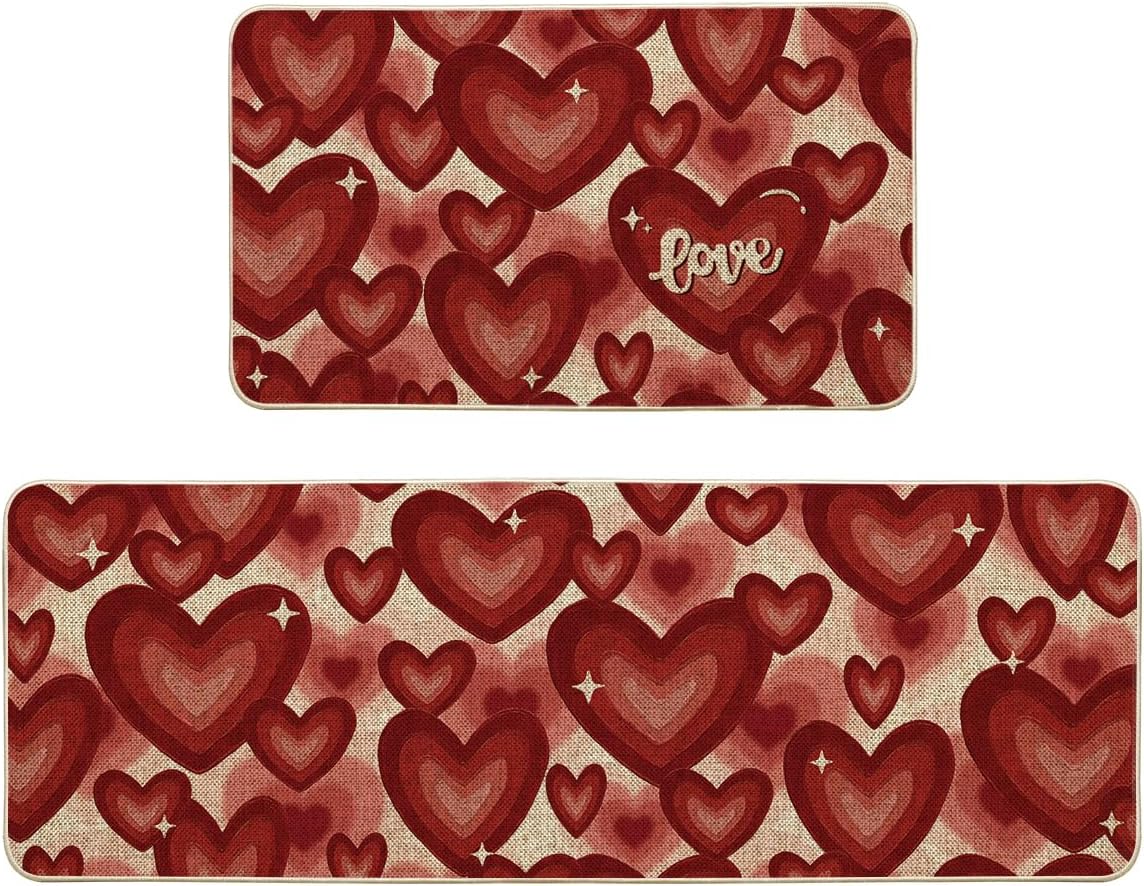 Artoid Mode Red Love Heart Valentines Kitchen Mats Set of 2, Low-Profile Home Decor Kitchen Rugs for Floor - 17x29 and 17x47 Inch