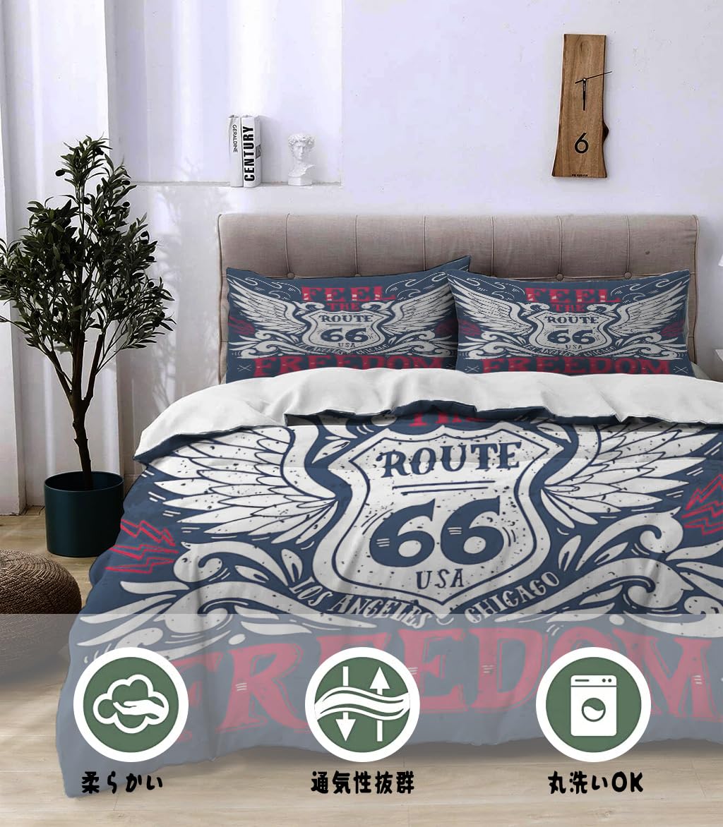 NIBAINLO 布団カバー自由を感じさせるルート66ヴィンテージネイビーレッドホワイト 肌に優しい ピーチスキン加工 掛け布団カバー 和式 洋式 あったか 布団カバーセット リバーシブル ホームステイ ホテル 家庭兼用