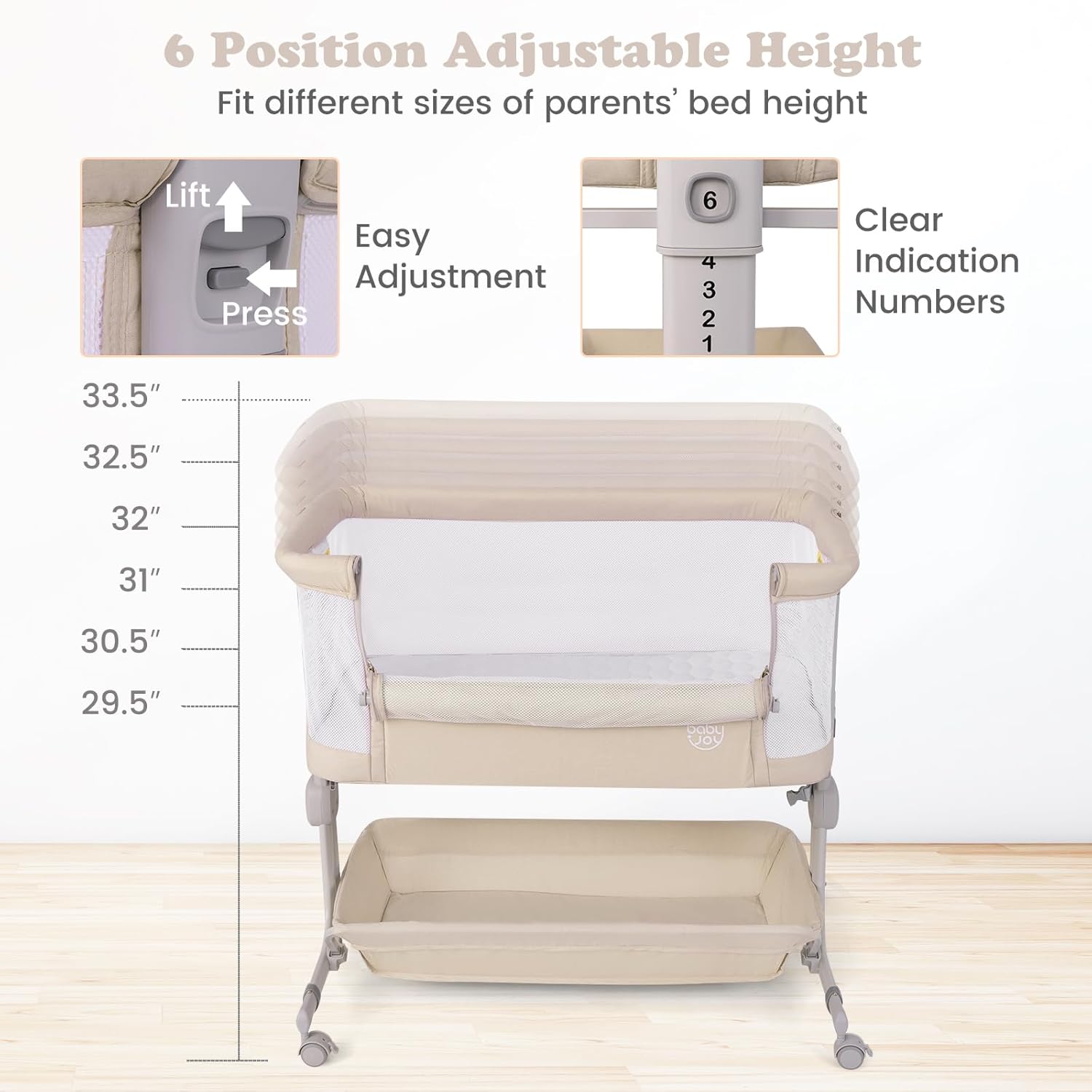 HONEY JOY Baby Bassinet Bedside Sleeper, Easy Folding Portable Crib for Baby with Wheels, 6 Adjustable Heights, Storage, Mattress & Carry Bag, Bed Side Bassinet for Infant Newborn (Beige)