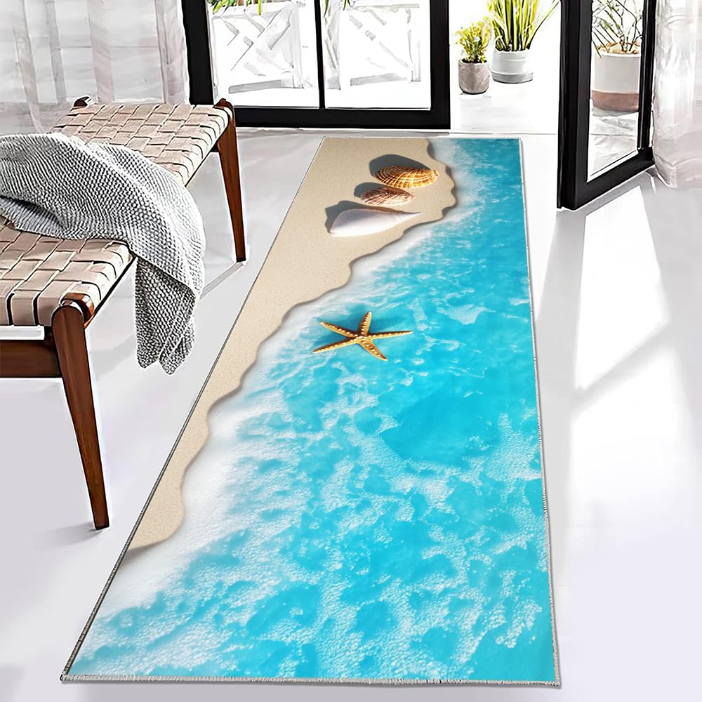 Tapis de Cuisine Antidérapant et Absorbant, Motif Océan Bleu 3D, 60 x 180 cm, Lavable en Machine - Idéal pour Devant l'Évier, Couloir, Salon, Chambre