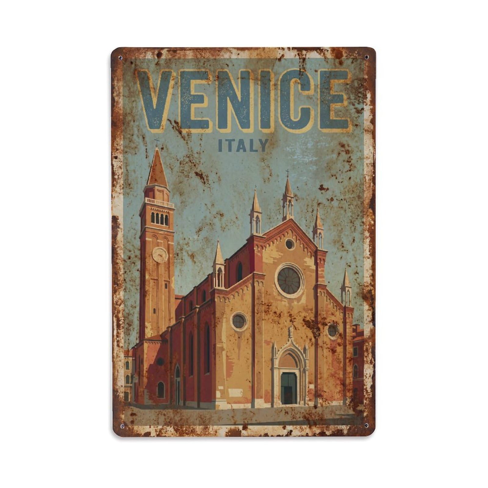 Vintage Travel Venice Frari Church Gothic Brick Basilica Rusted Italy Metal Tin Sign Plaque Wall Decor for Cafe, Club Bar, Office, Home Garden Metal Poster 8x12Inch