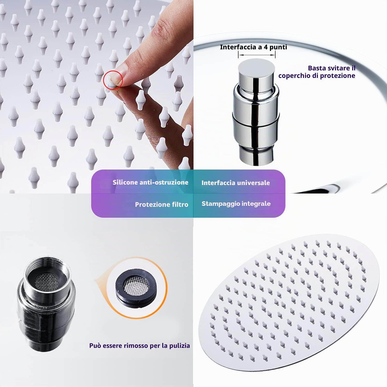 Soffione doccia a pioggia, 25 cm, soffione doccia a pioggia, in acciaio inox 304, rotondo, con gel di silice antibloccante
