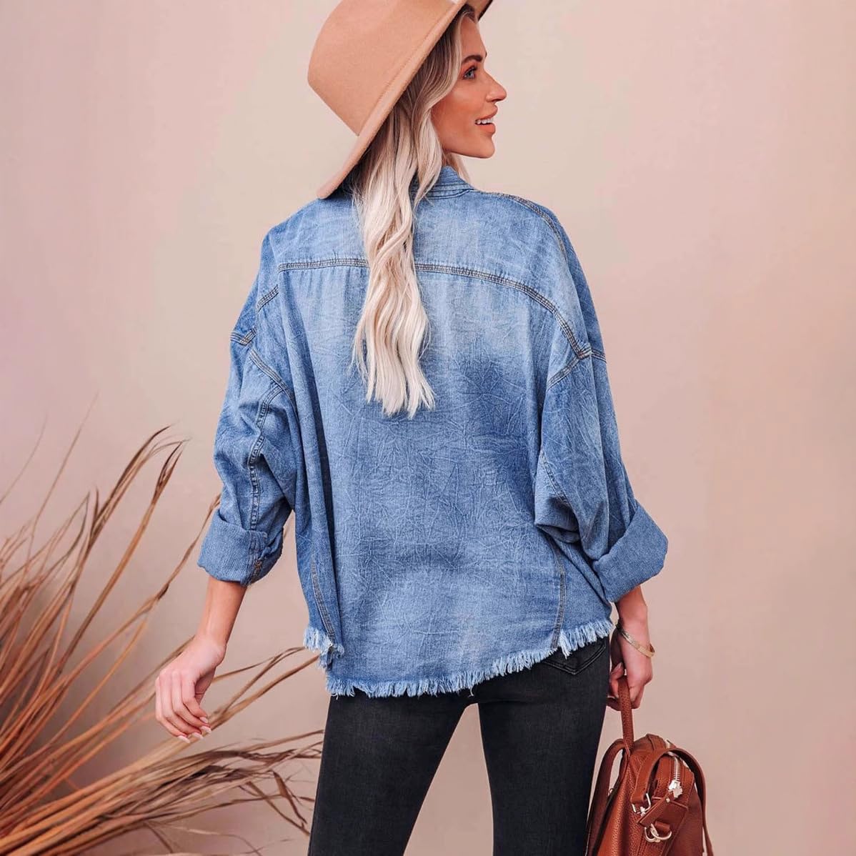 Camisa Mujer Camisa Vaquera Azul De Mujer Blusas De Cuello Extragrande Camisas Vaqueras Lavadas Casuales De Manga Larga con Botones Chaqueta Vaquera con Dobladillo Deshilachado Estilo WES