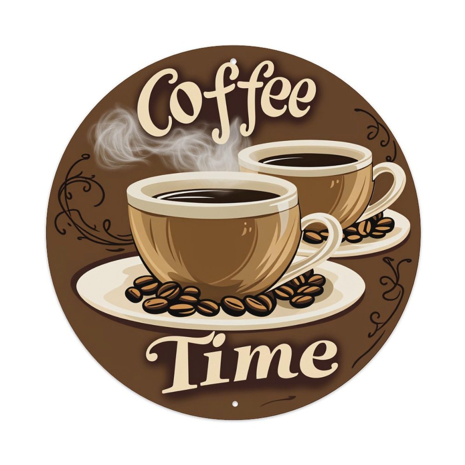 Coffee Cups Beans Steam Time Round Tin Sign Vintage Style Metal Sign Home Bar Garden Wall Plaque Decor Metal Poster 8x8 Inch
