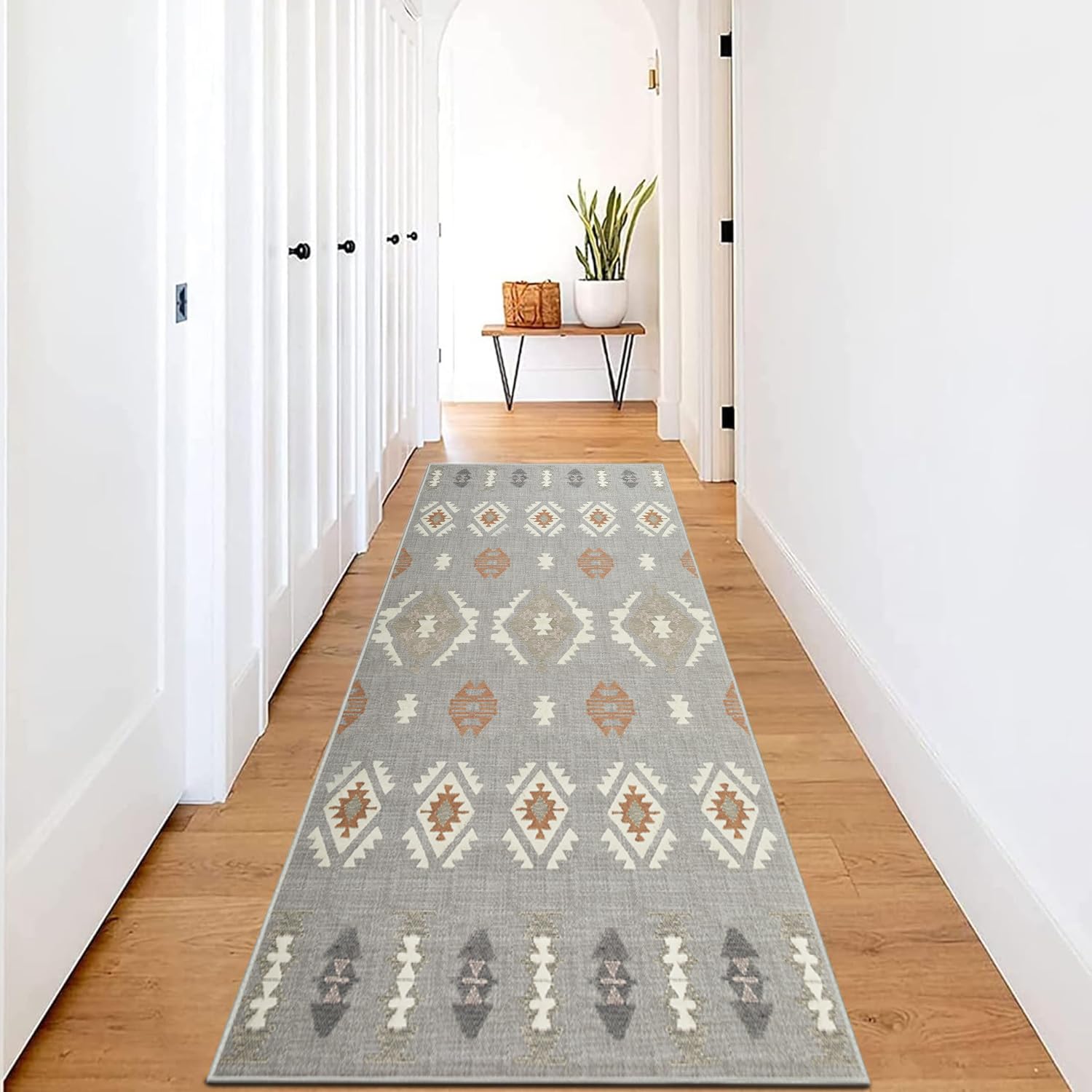 Hafaa Carpet Runners for Hallway Non-Slip 80 x 150 cm - Geometric Style Tribal Pattern Printed Design Bedroom Grey Bedside Carpets for Kitchen, Lounge (NOVA)
