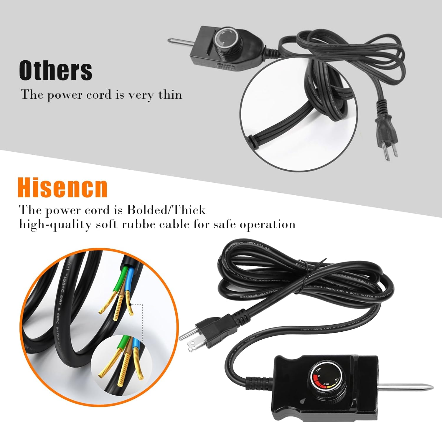 Comparison of Hisencn's thick power cord with a thinner alternative
