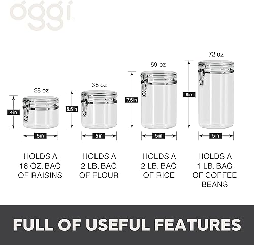 Miniatura 6 de Oggi Juego de 4 recipientes transparentes con tapas de abrazadera, recipientes herméticos en tamaños, ideales para almacenamiento de alimentos secos