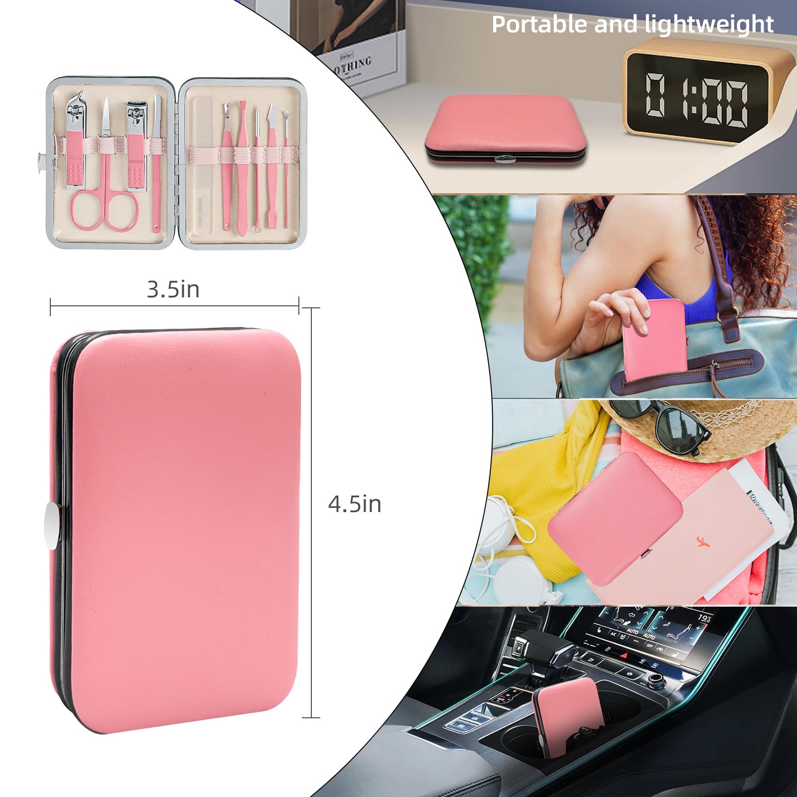 Andrea Juego de manicura, kit de 10 piezas de cortaúñas profesional de acero inoxidable, kit de manicura portátil, kit de pedicura (rosa)