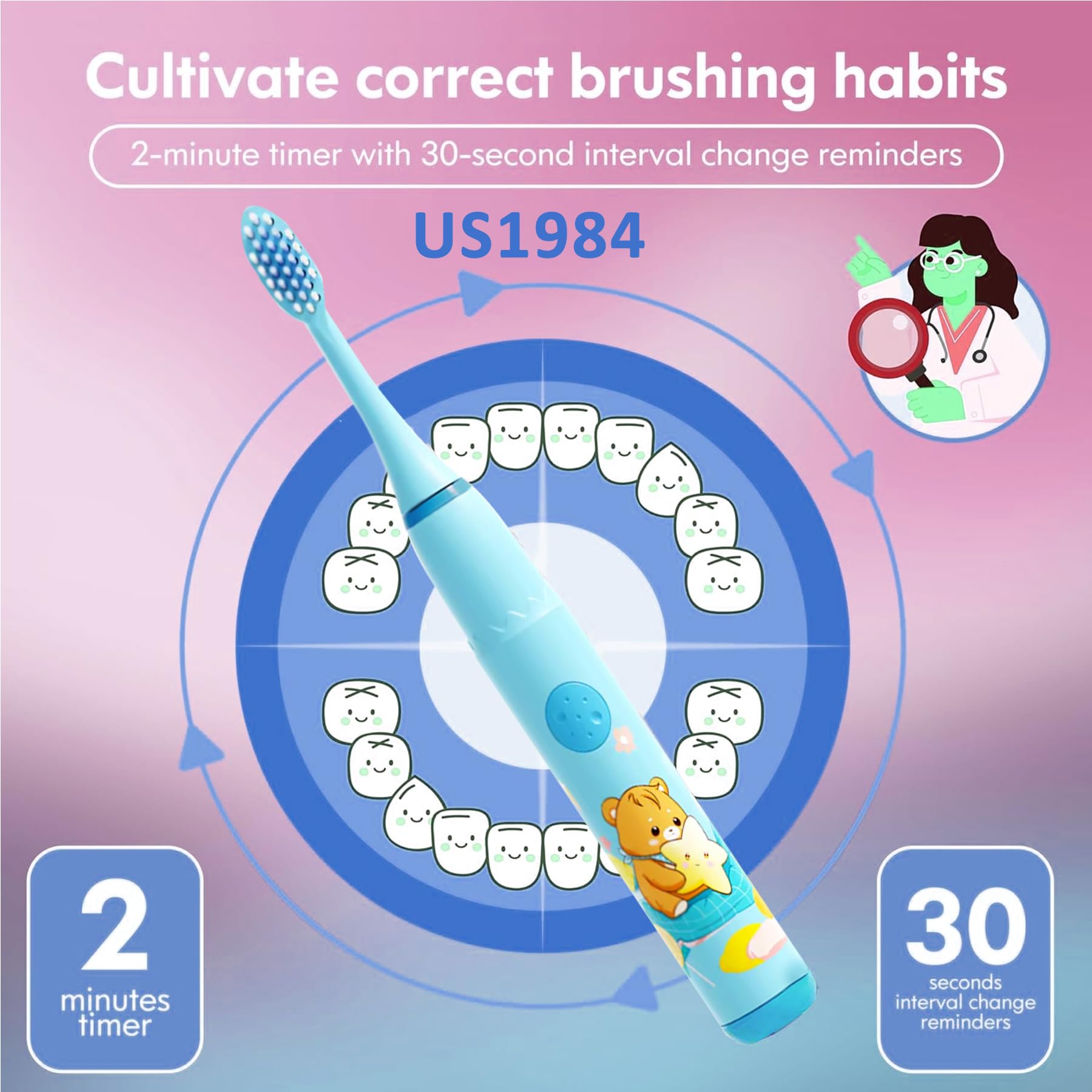 US1984 Sonic Electric Toothbrush For Adults and Kids with 4 Modes, 18000 Strokes per minute, 3 Brush Head, Soft Bristles, Waterproof, Rechargeable Lasting Up To 30 Days, Power Toothbrush (Blue) 1