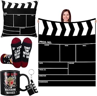 Frienda 5 Pcs Movie Gift Sets Include Throw Blanket Theater Pillow Covers TV Ceramic Mug Socks Keychains Watching Gifts for Movie Fans Lovers Men Women Actor Director Acting